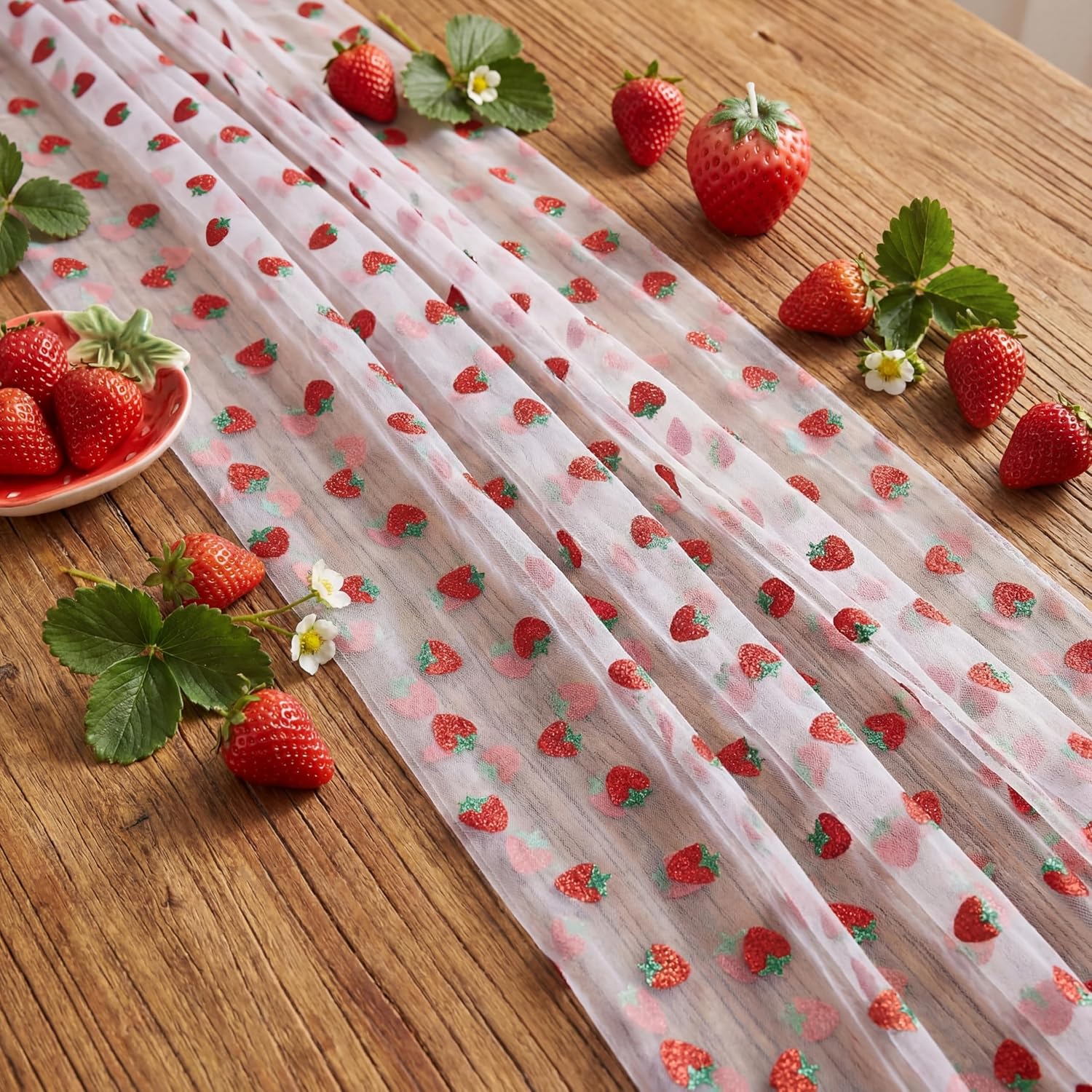 4 Pcs Strawberry Table Runners 29x70 Inch Strawberry Glitter Tulle Lace Table Runners for Summer Birthday Party Baby Shower Wedding Bridal Shower Home Kitchen Decor
