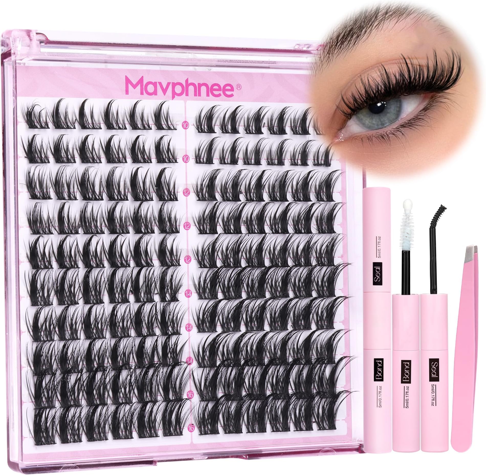 Natural Lash Clusters Kit Spiky Cluster Eyelash Extension Kit 120 Pcs CC-Curly Eyelash Clusters 10-16MM Wispy Individual Lashes Kit with Lash Bond and Seal and Eyelash Tweezers by Mavphnee