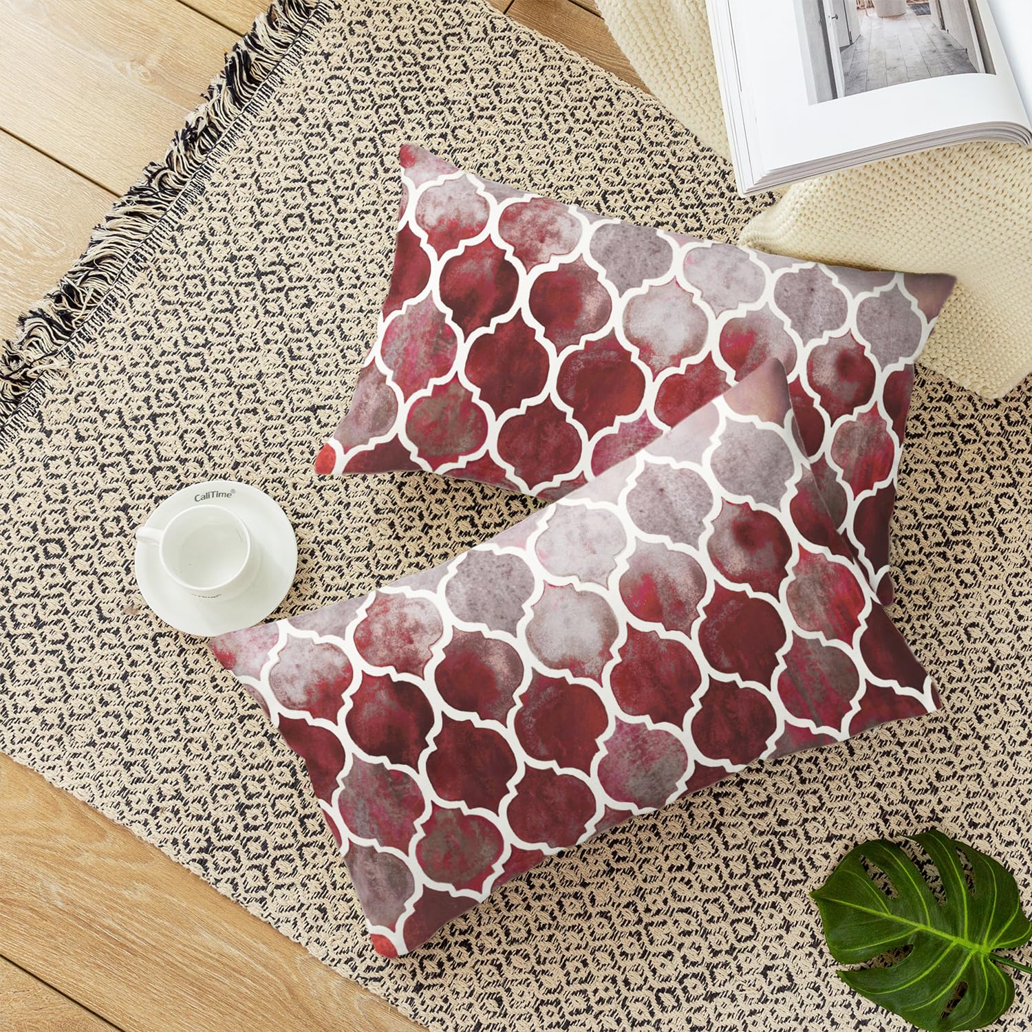 CaliTime Pack of 2 Cozy Bolster Pillow Cases Covers for Couch Bed Sofa Manual Hand Painted Colorful Geometric Trellis Chain Print 30cm x 50cm Main Grey Red Burgundy - Image 3