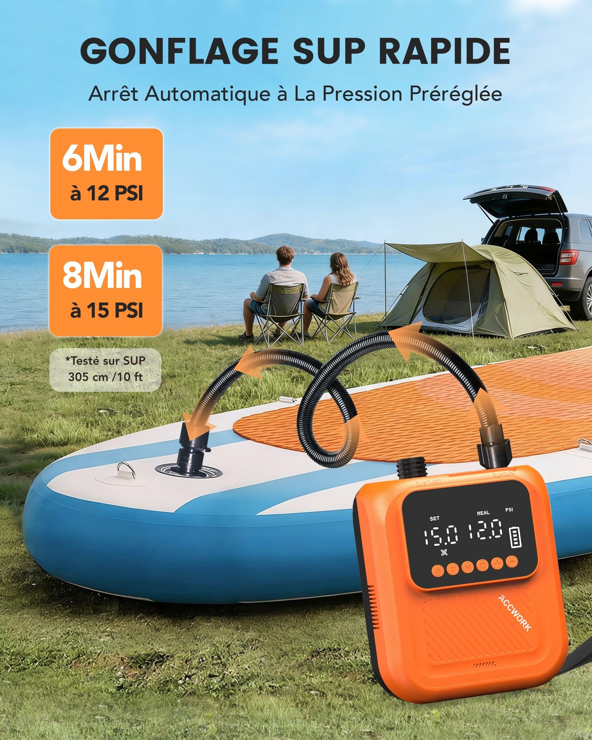 Gonfleur Paddle Electrique 20 PSI – Arrêt Automatique & Gonflage/Dégonflage, Pompe Paddle Electrique Rechargeable avec 7 Buses pour Matelas Gonflable, Sup, Tente, Kayak