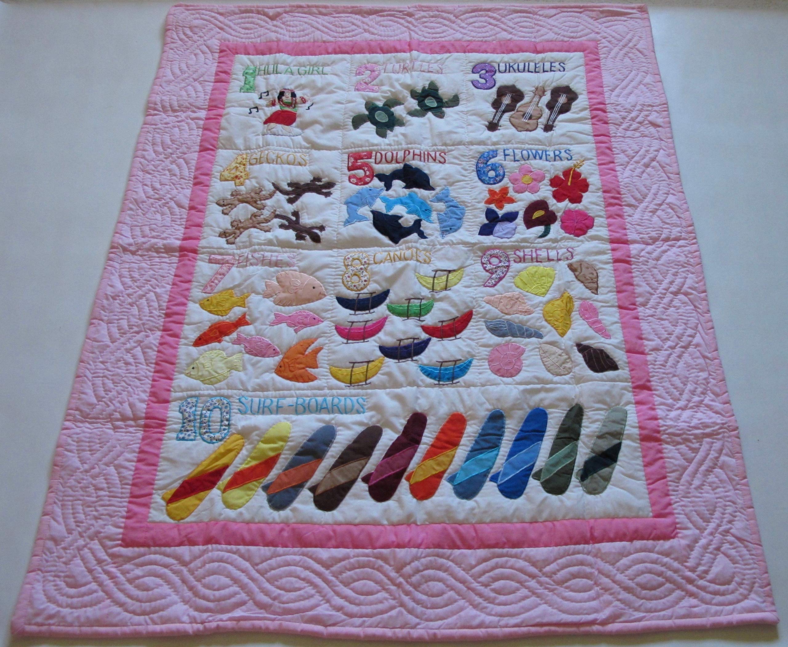 Hawaiian Style Quilt Numbers Comforter Baby Crib Blanket Wall Hanging, Hand Quilted and Machine Embroidered