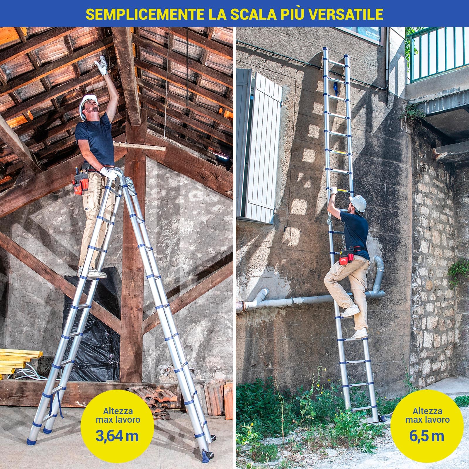 Scala telescopica articolata in alluminio 5,6m (2,8 + 2,8) Stempakt Hostrom, leggera, compatta e pieghevole, altezza di lavoro massima 6,5m, carico massimo 150 kg, garanzia di 5 anni