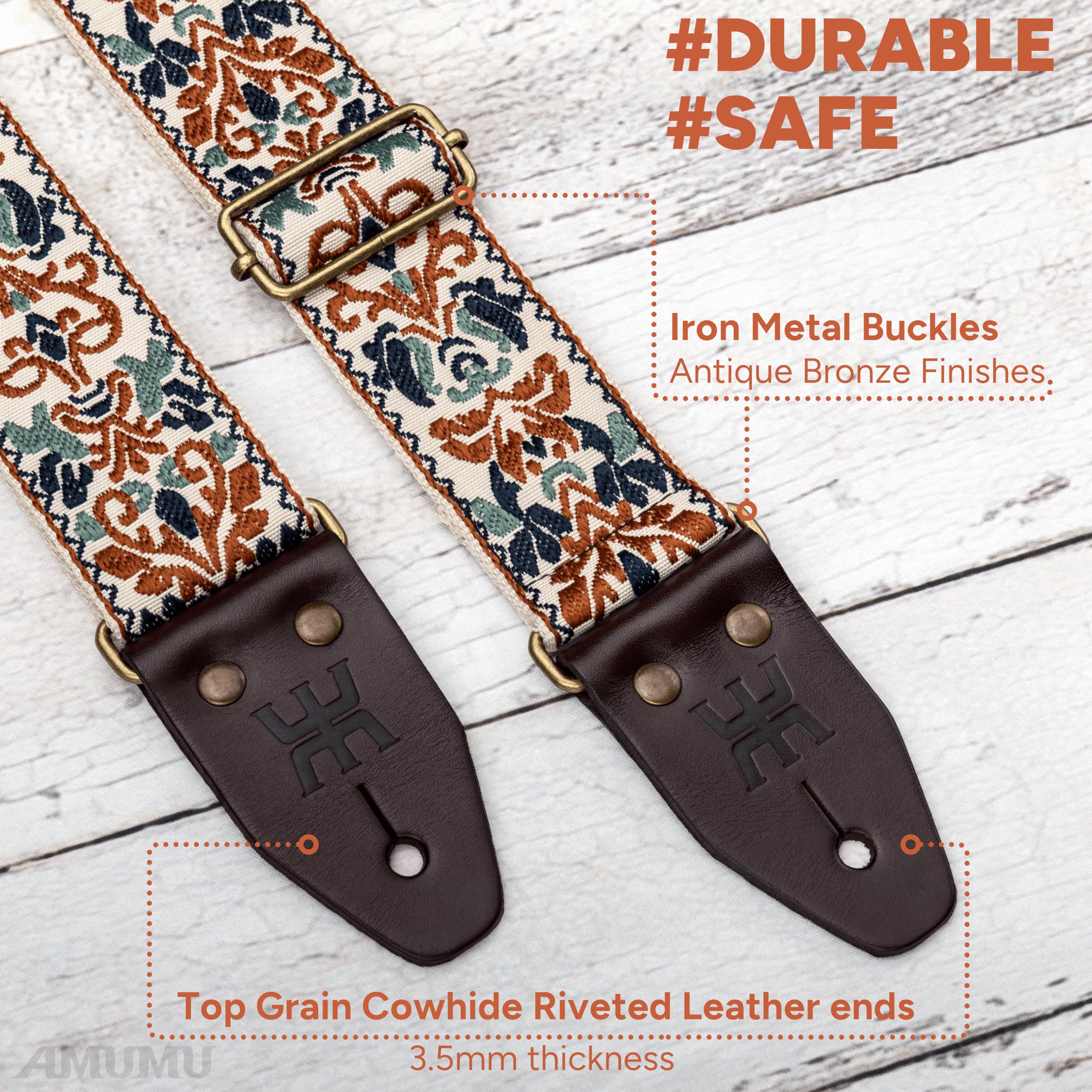 Amumu Retro Embroidered Guitar Strap for Acoustic Electric, and Bass Guitars - Image 3
