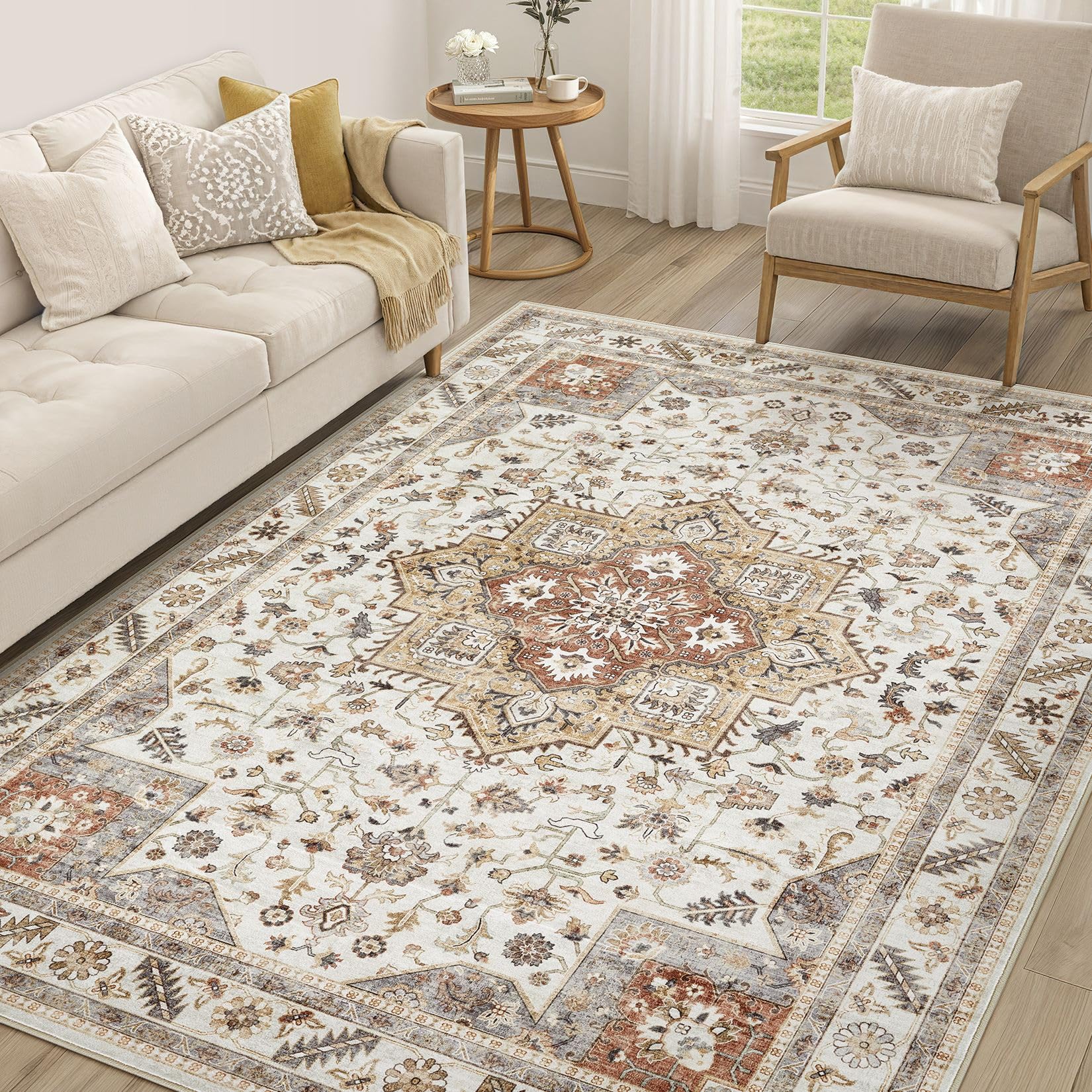 Vintage Living Room Area Rug 5x7 - Large Soft Washable Oriental Traditional Distressed Farmhouse Rugs for Bedroom - Indoor Floor Accent Carpet for Home Office House Decor - Golden Taupe