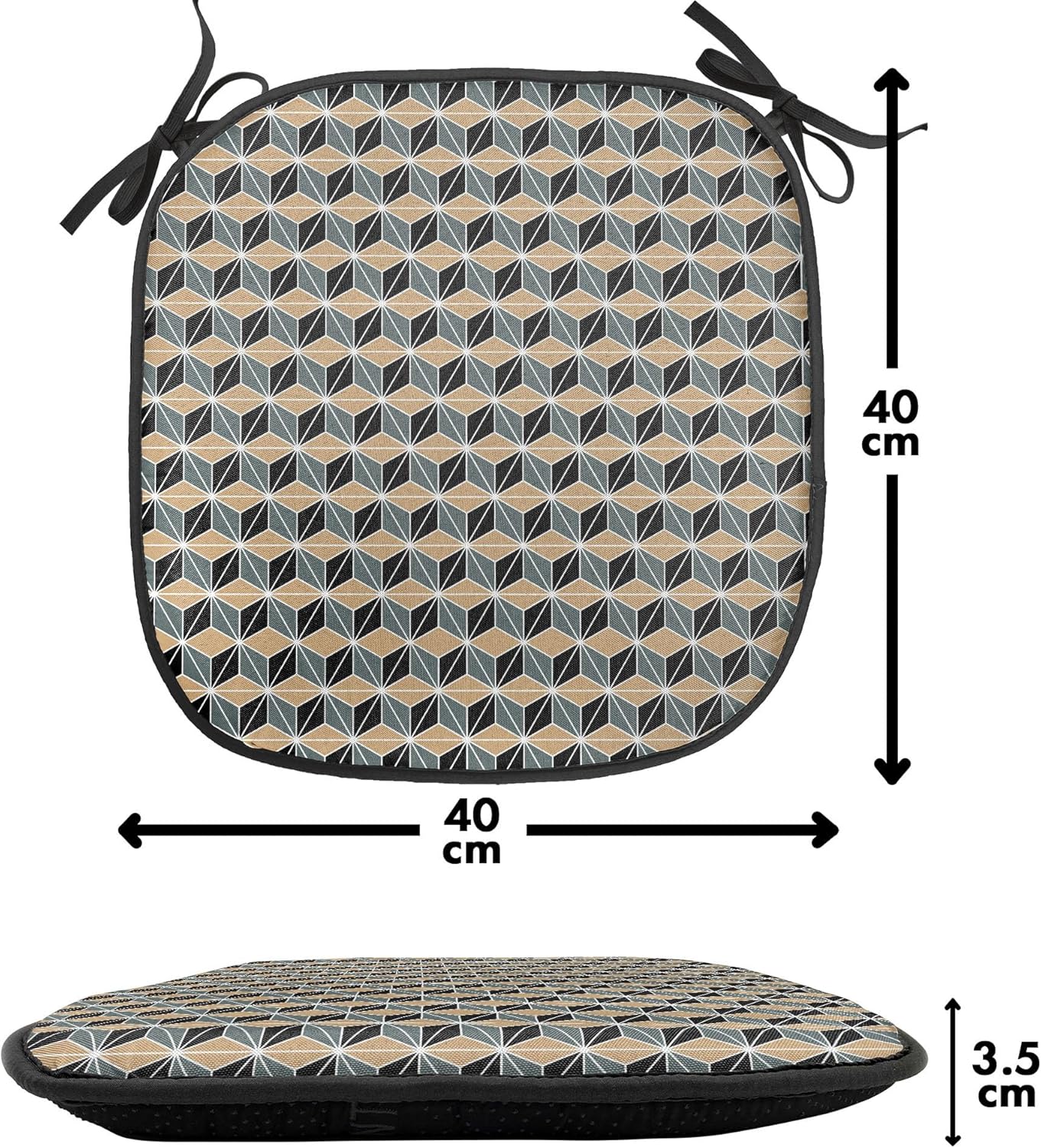 Lunarable Geometric Chair Seating Cushion Set of 4, Stacked Cubes with Rhombuses Black White Diagonal Horizontal Lines, Anti-Slip Seat Padding for Kitchen & Patio, 16"x16", Reseda Green Sand Brown