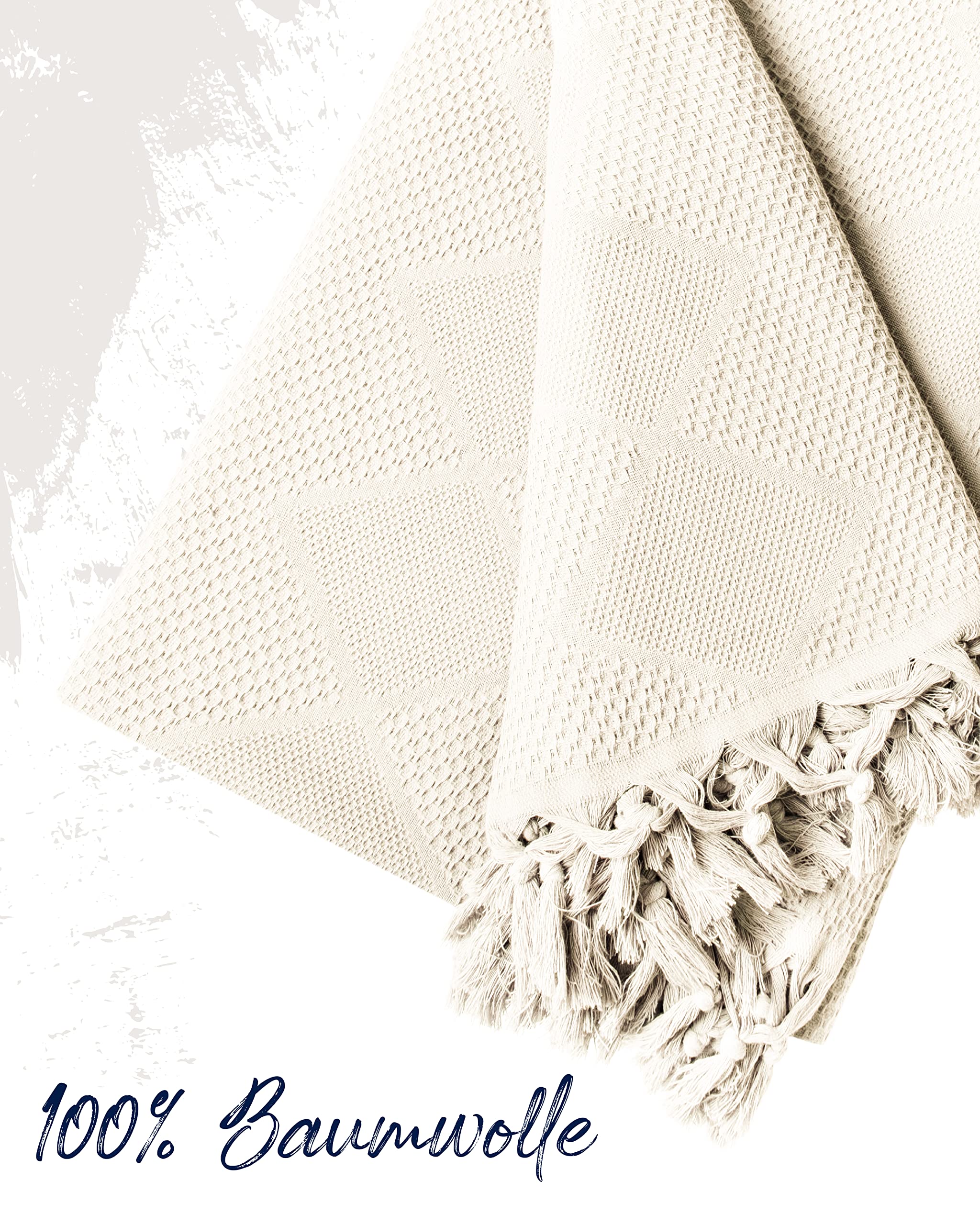 LAYNENBURG Premium Tagesdecke mit handgeknüpften Fransen - 100% Baumwolle - 180 x 220 cm - Waffelpique Sommerdecke - Baumwolldecke als Bett-Überwurf, Couch-Überwurf & Sofa-Decke (Naturell)