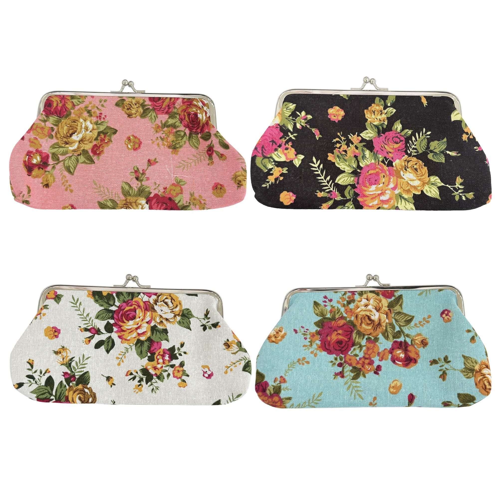 MIAO JIN 4Pcs Long style Canvas Floral Coin Purses Gift Bag with Clasp Kiss Lock Change Pouch Mini Coin Wallet Vintage Trinkets Pouch