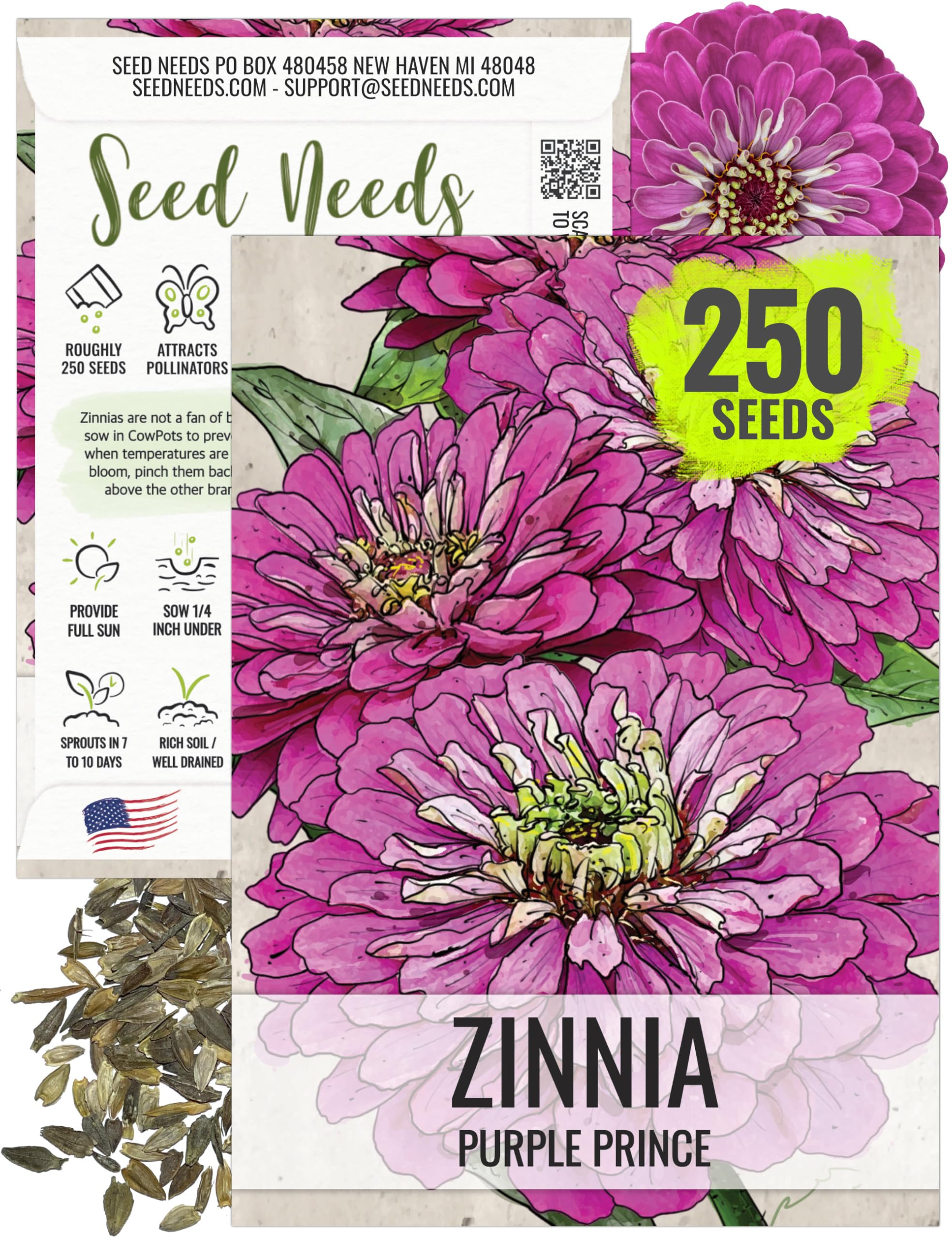 Seed Needs, Purple Prince Zinnia Seeds - 250 Heirloom Seeds for Planting Zinnia elegans - Annual Cut Flowers to Grow in a Butterfly Garden Outdoors (1 Pack)