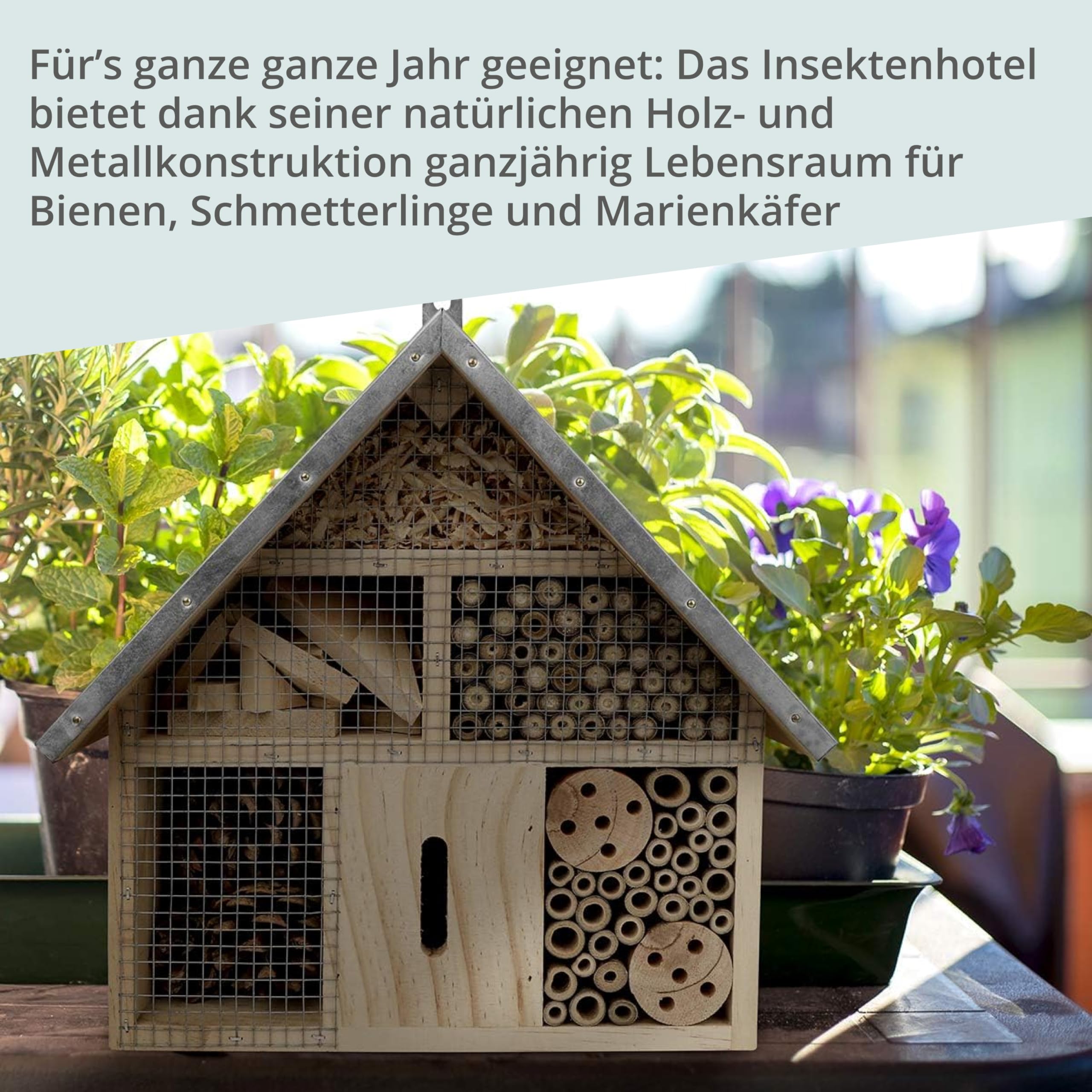Produktbild von Sechseckiges Insektenhotel Aus Holz – Hängendes Bienenhaus Für Wildbienen, Marienkäfer & Schmetterlinge, Mit Röhren Zum Nisten, Fördert Bestäubung Im Garten