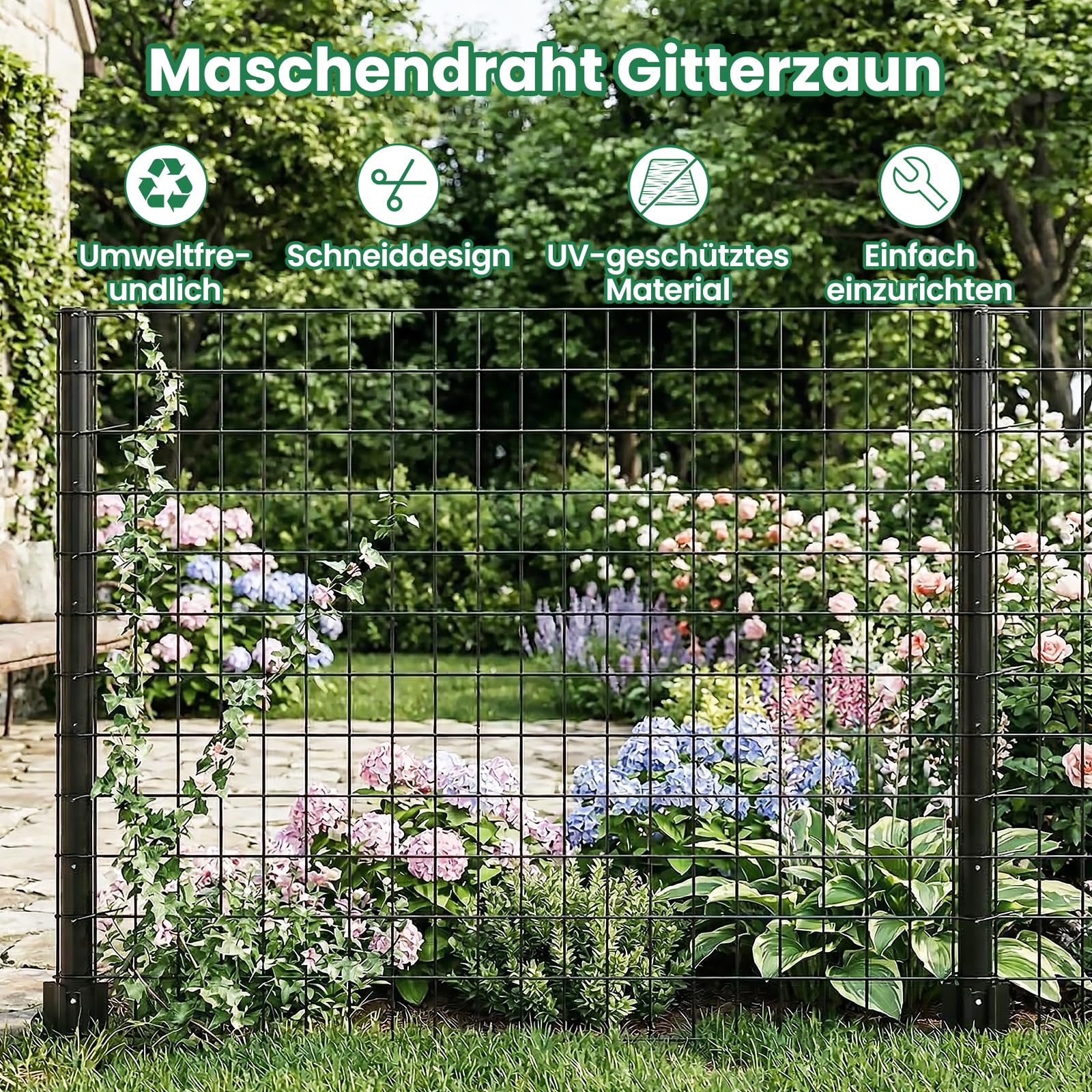 SUNYRISY Metall Hühnerzaun Gartenzaun Maschendrahtzaun 90cm hoch mit 5 x Pfosten, 15m lang Mobiler Hundezaun Weidezaun Steckzaun Begrenzungszaun Schafzaun, Verzinkter Material, Schwarz