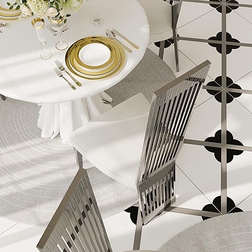 Miniatura 7 de Juego de 2 sillas de comedor blancas y plateadas, sillas de comedor tapizadas con respaldo alto con respaldo y patas de acero inoxidable espejado,