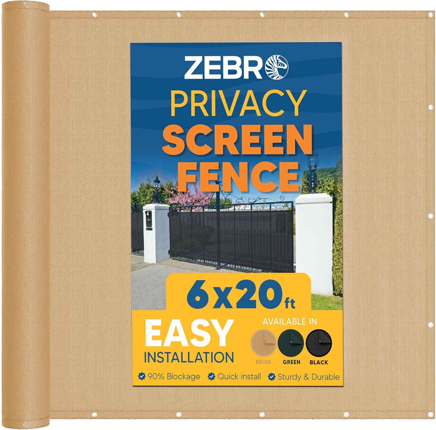 Zebro Chain Link Fence Privacy Screen 6' x 15' Beige - Fence Shade Cover Heavy Duty with Brass Grommets Perfect for Outdoor Back Yard