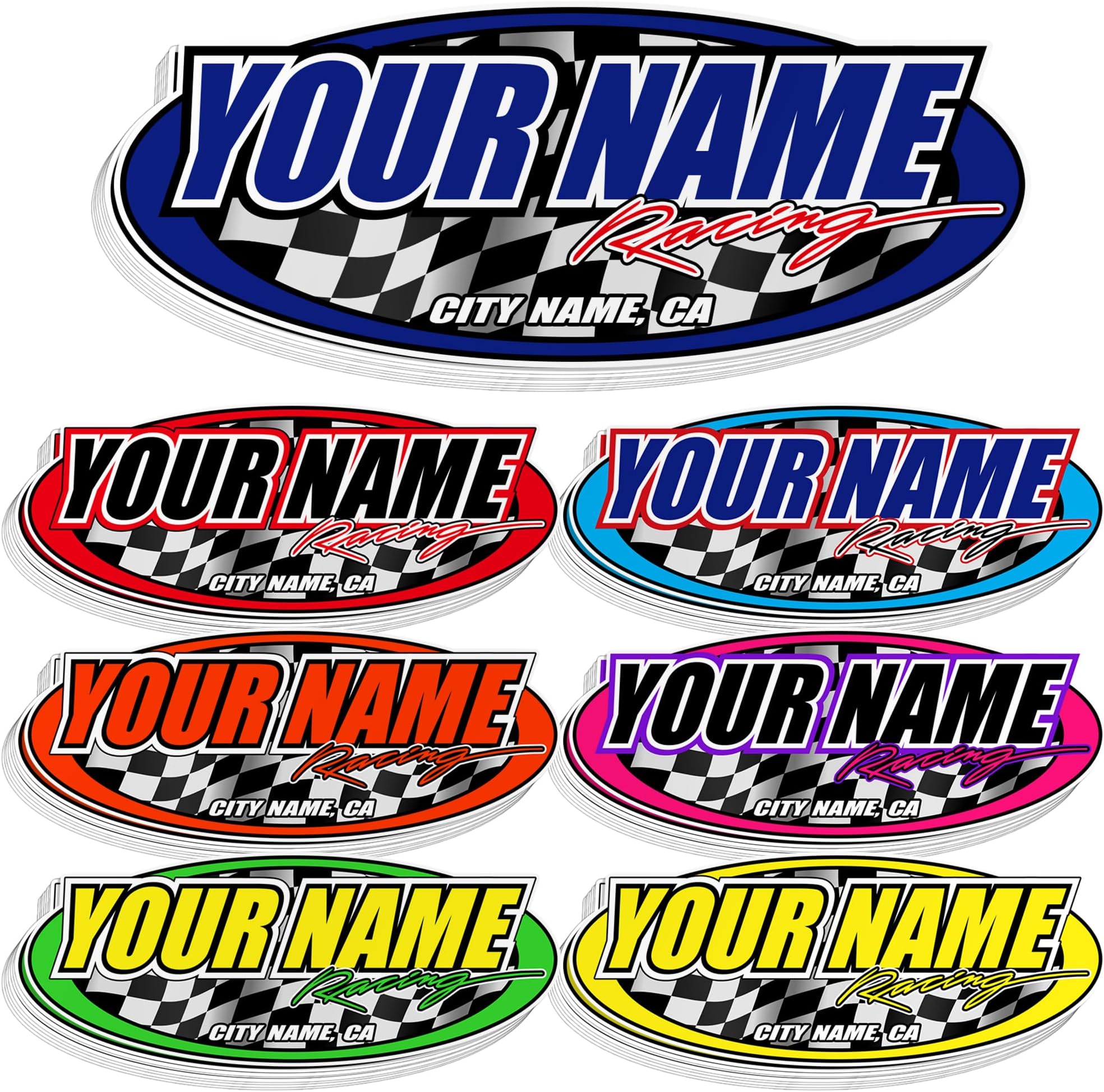 - Custom Racing Name Sticker – Personalized Oval Vinyl Decal with Checkered Flag, Car Racing Style Waterproof Label for Helmet, Car, Bike, Laptop, Toolbox, Garage Gift for Men, Racing Fans
