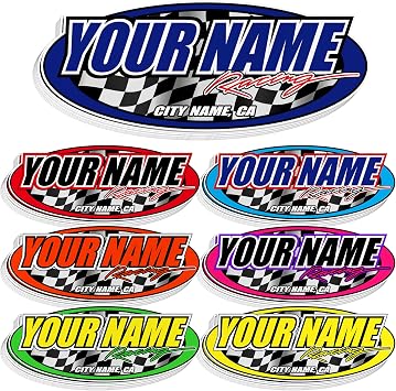 Custom Racing Name Sticker Personalized Oval Vinyl Decal with Checkered Flag, Car Racing Style Waterproof Label for Helmet, Car, Bike, Laptop, Toolbox, Garage Gift for Men, Racing Fans