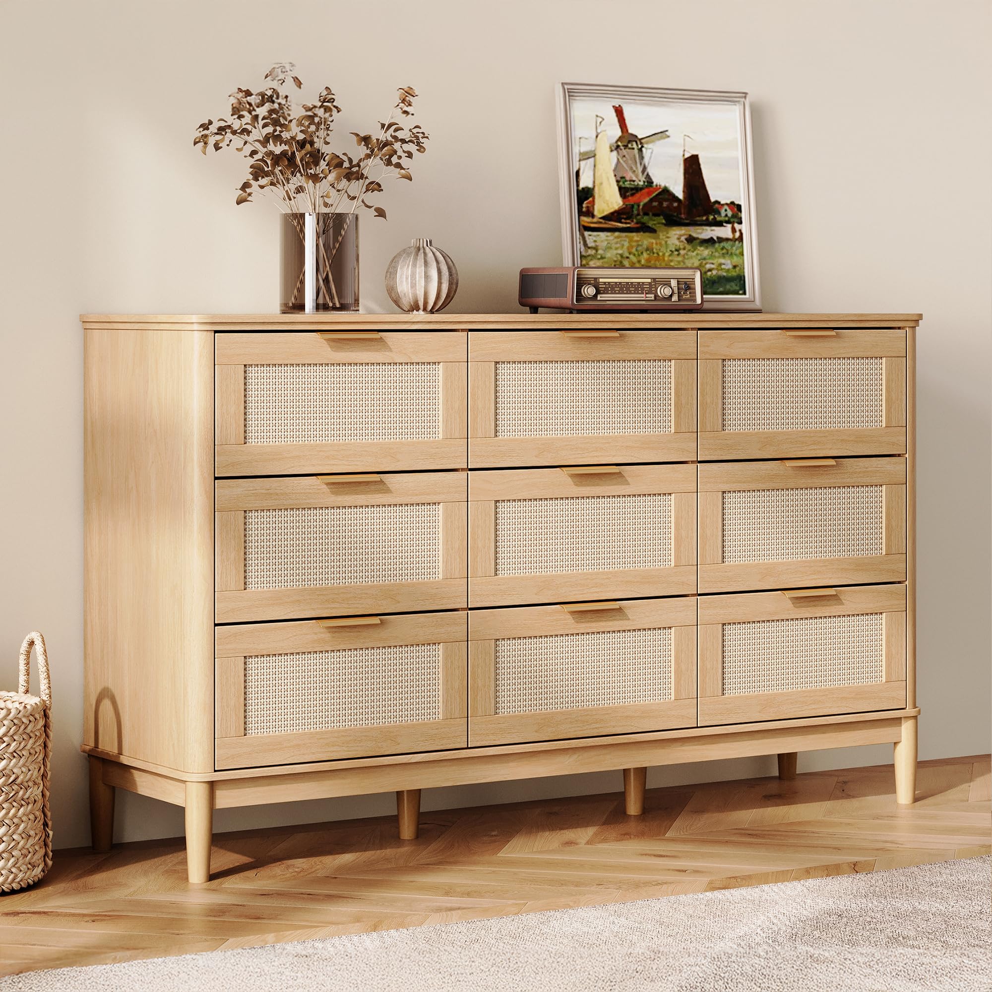 LINSY HOME Rattan Dresser for Bedroom with 9 Drawers, 58" Wide Chest of Drawers, Mid Century Modern Dresser TV Stand with Metal Handle, Wood Closet Storage Cabinet for Living Room, Hallway, Oak