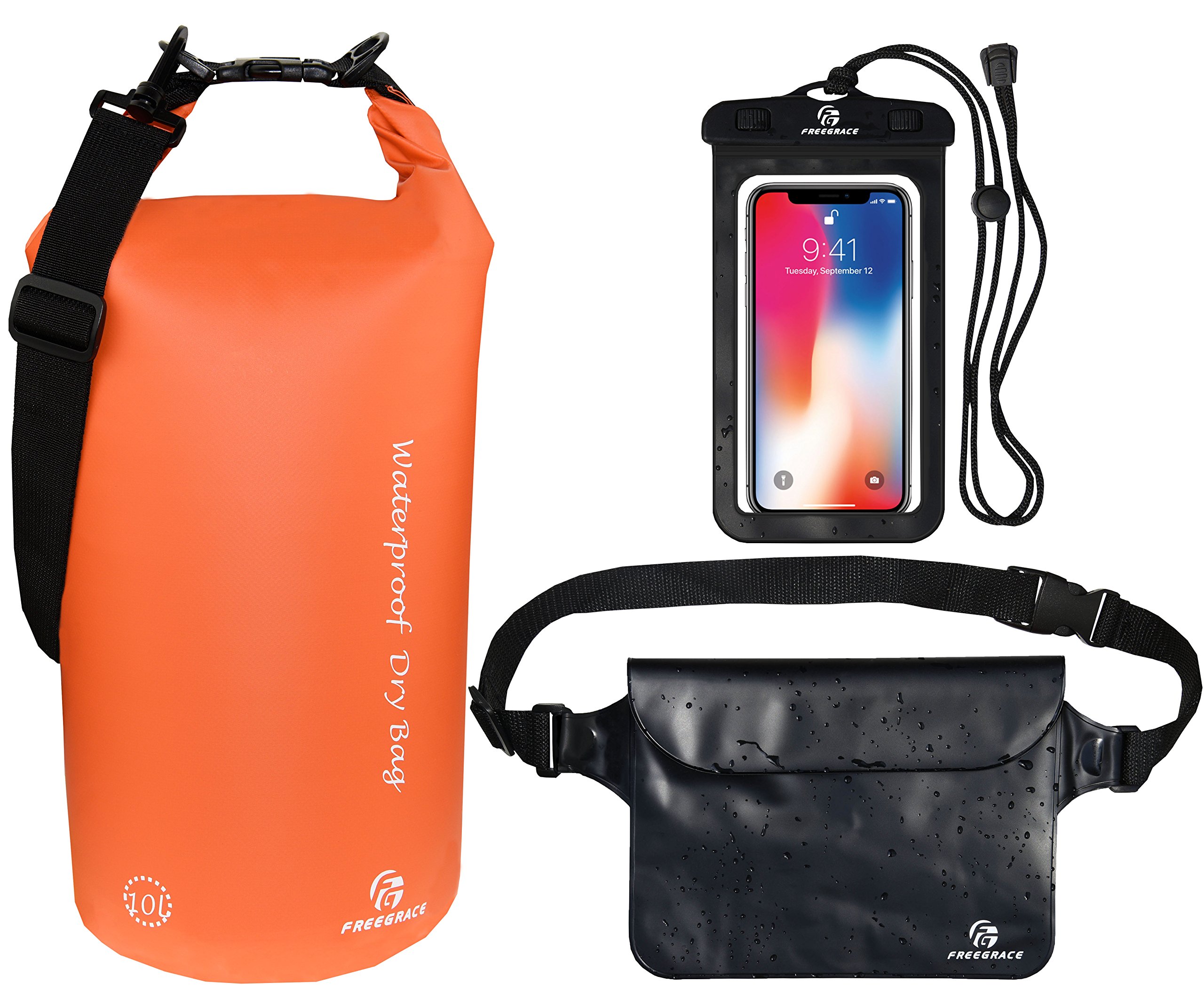 Freegrace Waterproof Dry Bags Set Of 3 Dry Bag With 2 Zip Lock Seals & Detachable Shoulder Strap, Waist Pouch & Phone Case - Can Be Submerged Into