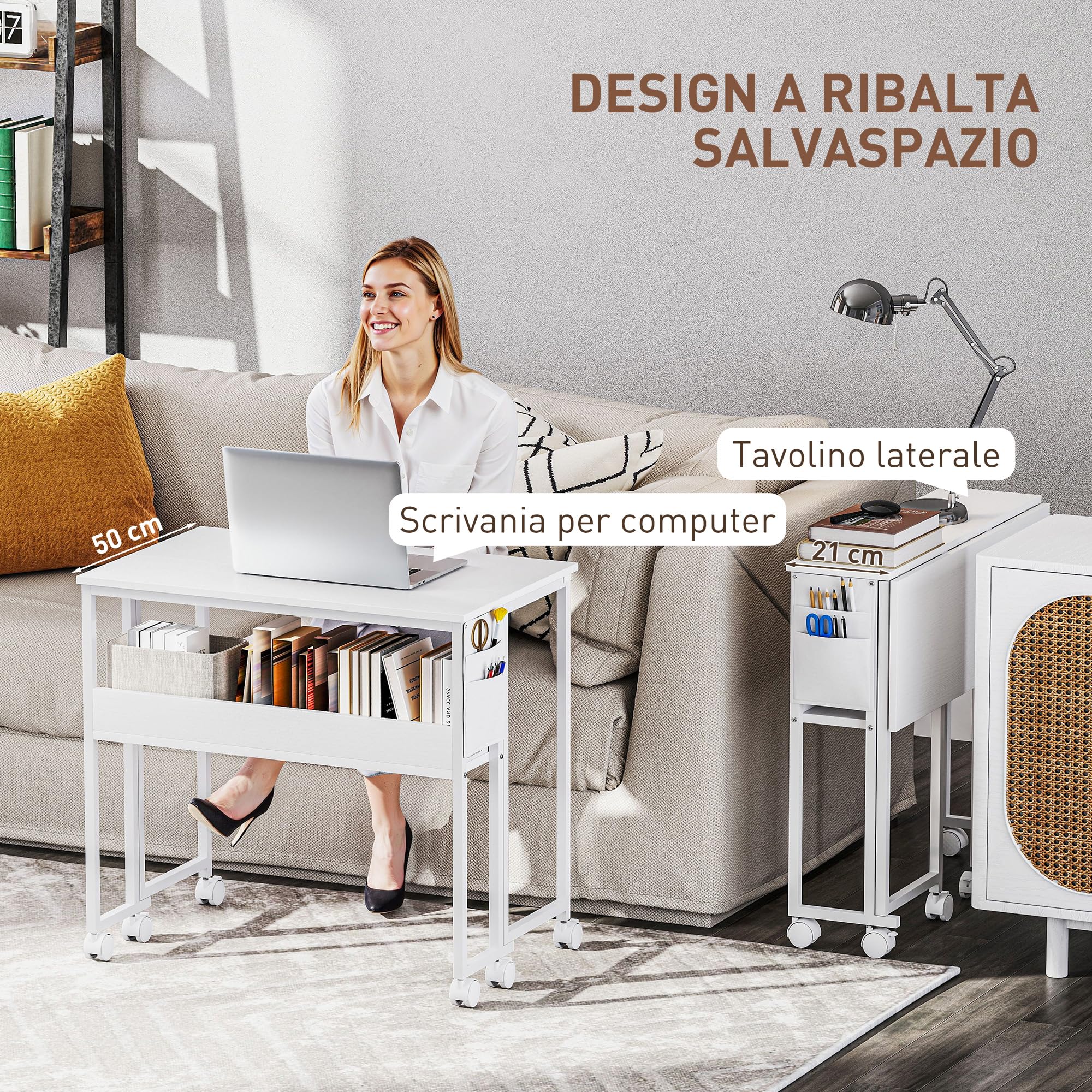 HOMCOM Scrivania Salvaspazio Pieghevole a Ribalta, 80x50x75 cm Bianco | Scrivania Piccola con Ruote a Freno, Scaffale e Tasca Portaoggetti, Tavolo Computer Richiudibile, per Casa Studio e Ufficio