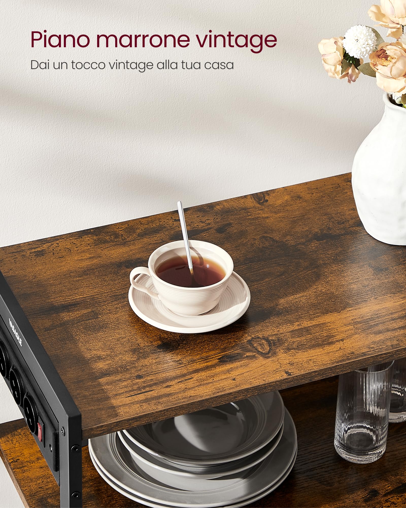 VASAGLE Scaffale per Microonde con 2 Cesti, Scaffale da Cucina con Bordi, Ripiani e Ganci, 80 x 35 x 93.5 cm, Stile Modern basic, Marrone Vintage e Nero Opaco KKS196K01