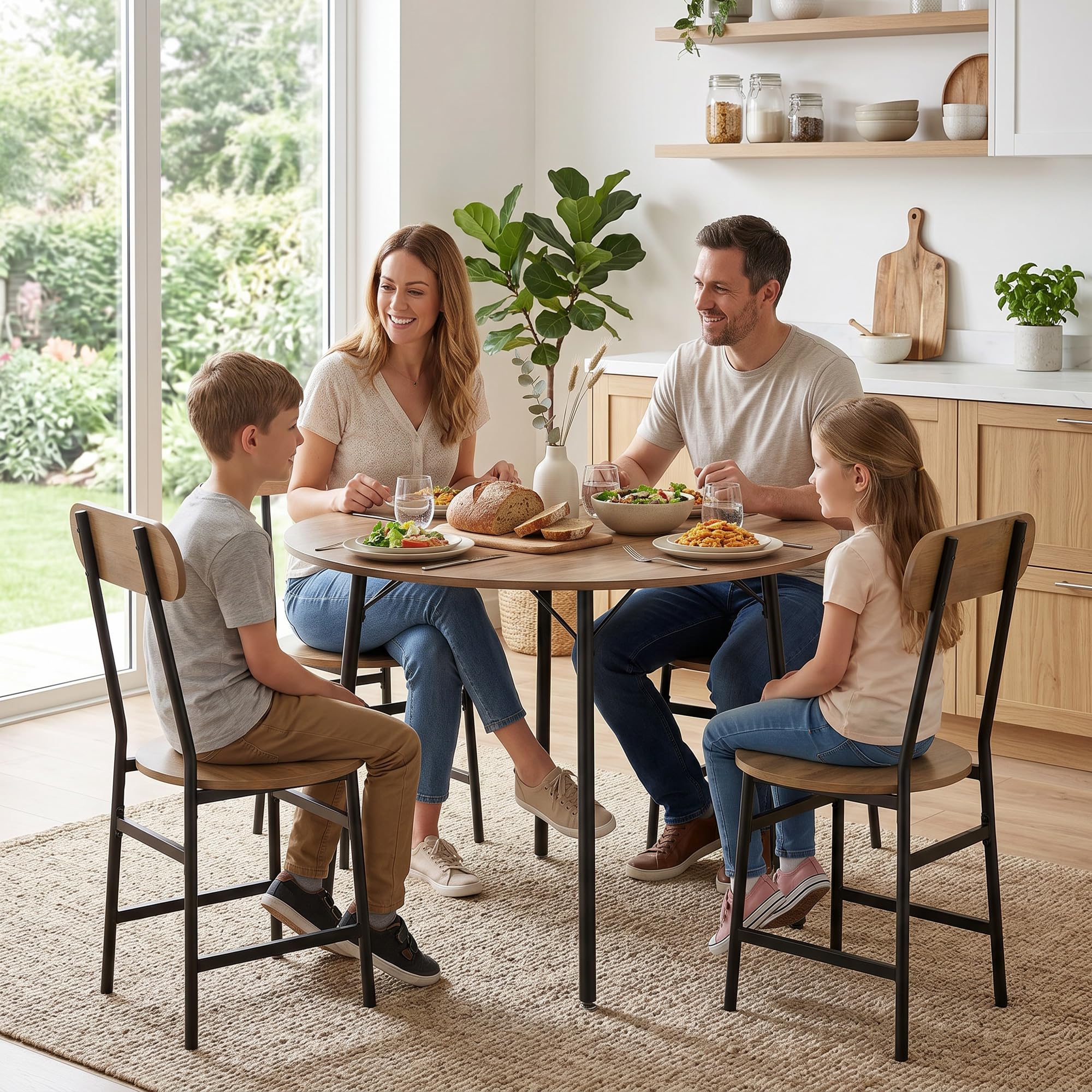 HOMCOM Set Tavolo e Sedie Sala da Pranzo 5 Pezzi, Set da Pranzo per 4 Persone Industriale con Tavolo Cucina Rotondo Effetto Legno e 4 Sedie Salvaspazio, Gambe Metallo, per Soggiorno Cucina Color Legno