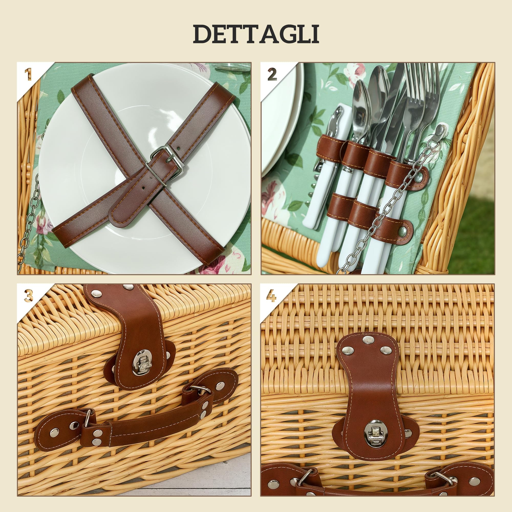 Outsunny Cestino da Picnic in Vimini per 2 Persone, Cesto Picnic con Manico, Piatti, Calici, Cavatappi, Tovaglioli e Posate, 40x30x20 cm, Marrone Chiaro