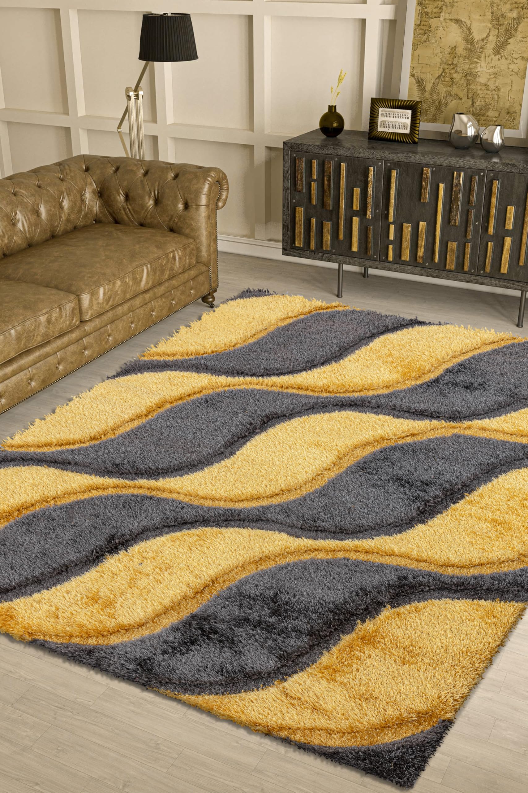Modern Wave Pattern Rug Geometric Swirl Carpet High Pile, Soft 3D Shaggy Area Rug for Living Room, Bedroom & Lounge Non-Shedding Easy Care (Ochre, 160 cm × 230 cm = 5.25 ft × 7.55 ft)