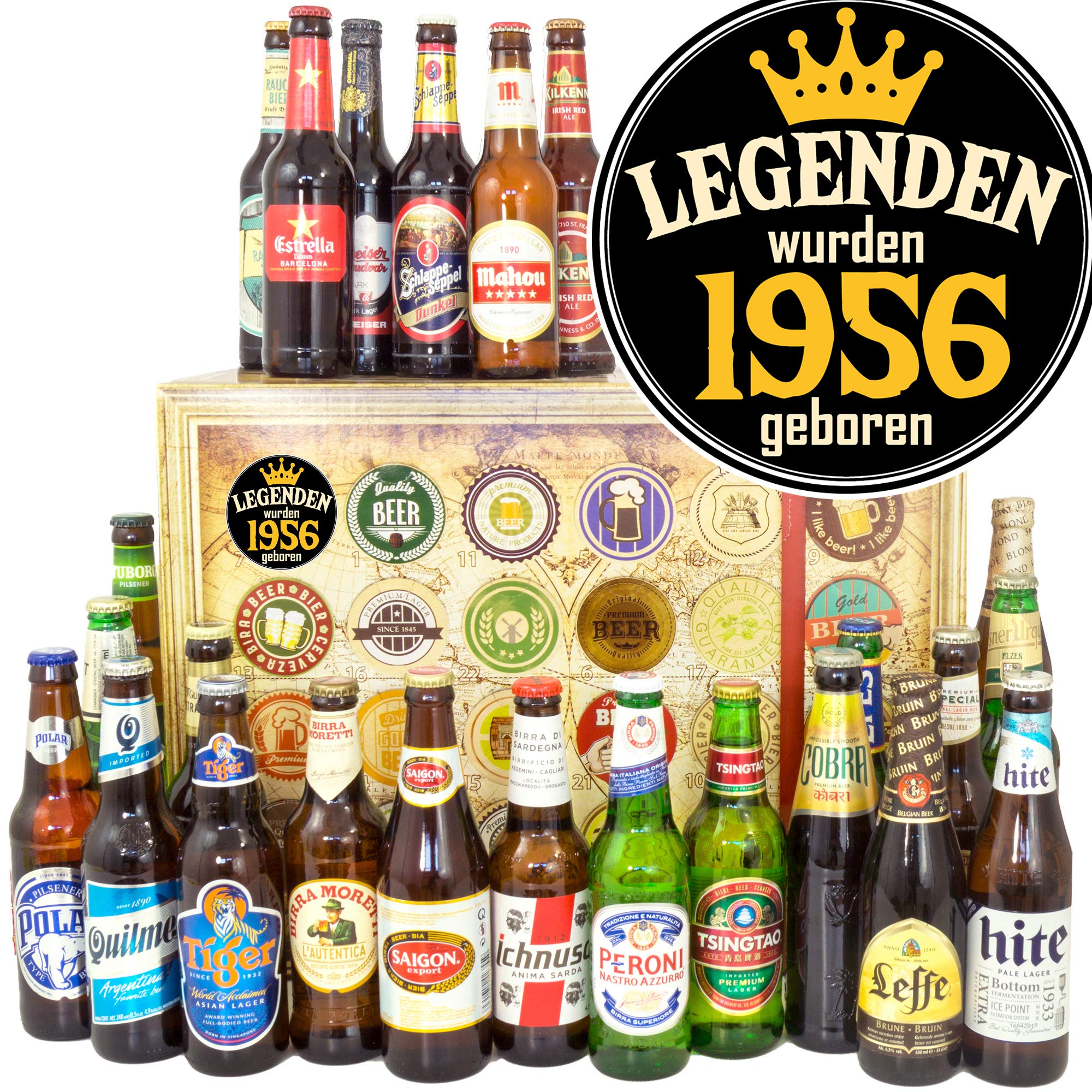 Legenden 1956 - Bier Geschenk Adventskalender mit 24 Bieren der Welt | Bierbuch A6, 6 Geschenkkarten und 3 Urkunden. Internationale Biersorten aus aller Welt in dekorativer Geschenkbox.