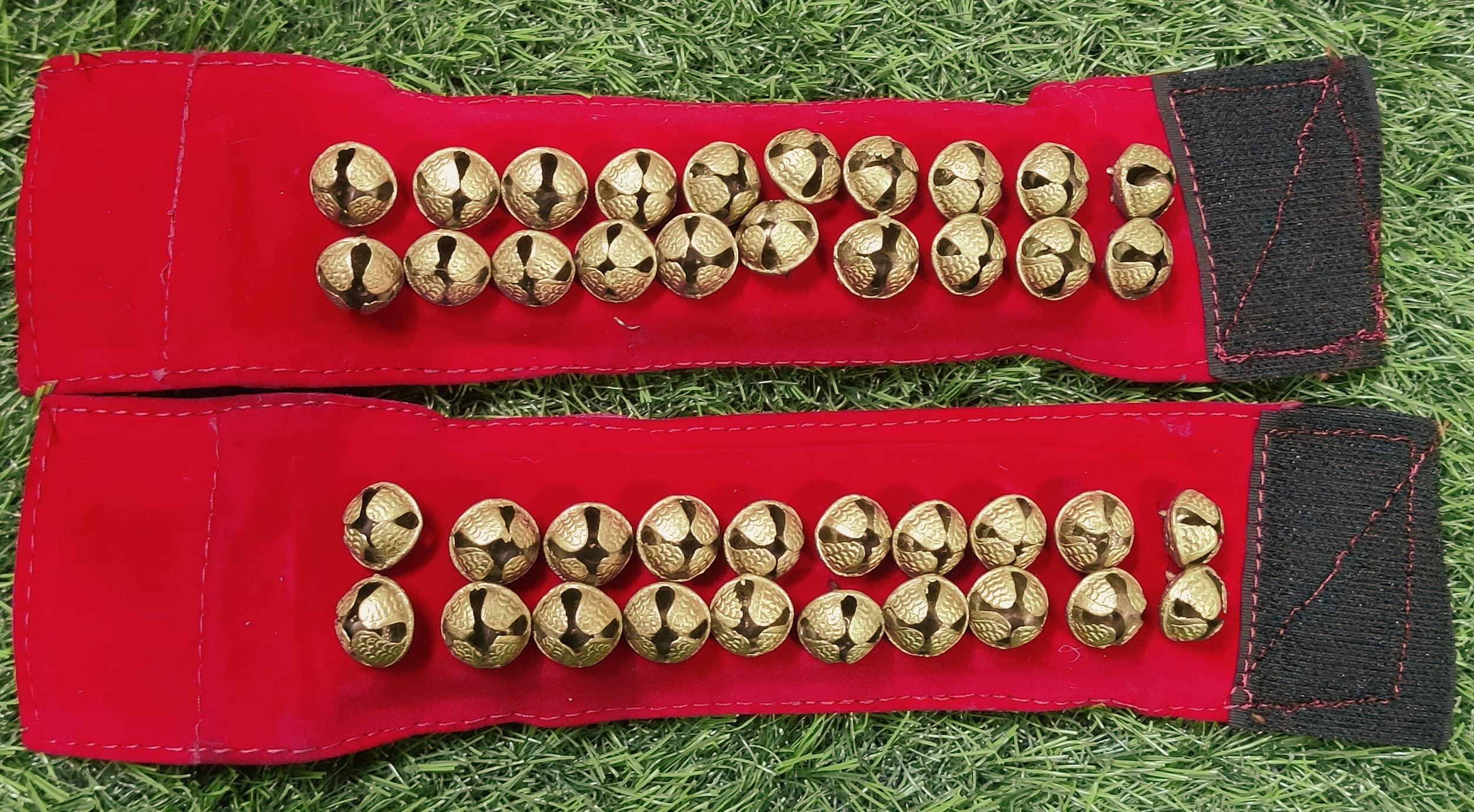 Brass 2 Line Ankle Bells Velvet Velcrow Pad for Classical Bharatanatyam Kathak Dance with Adjustable Strap - (Red Velvet velcrow 2 CM)-image-9