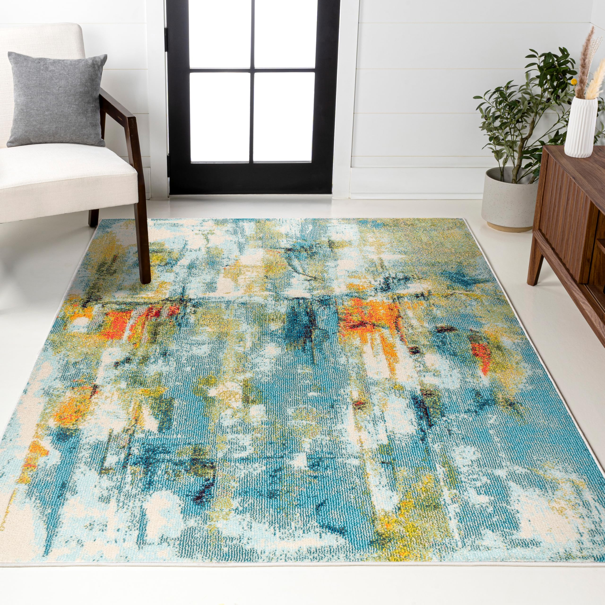 JONATHAN Y Modern Abstract Waterfall Blue/Cream Indoor Area Rug, 4x6, Contemporary POP, Transitional, Easy-Cleaning for Living Room, Bedroom, Kitchen,