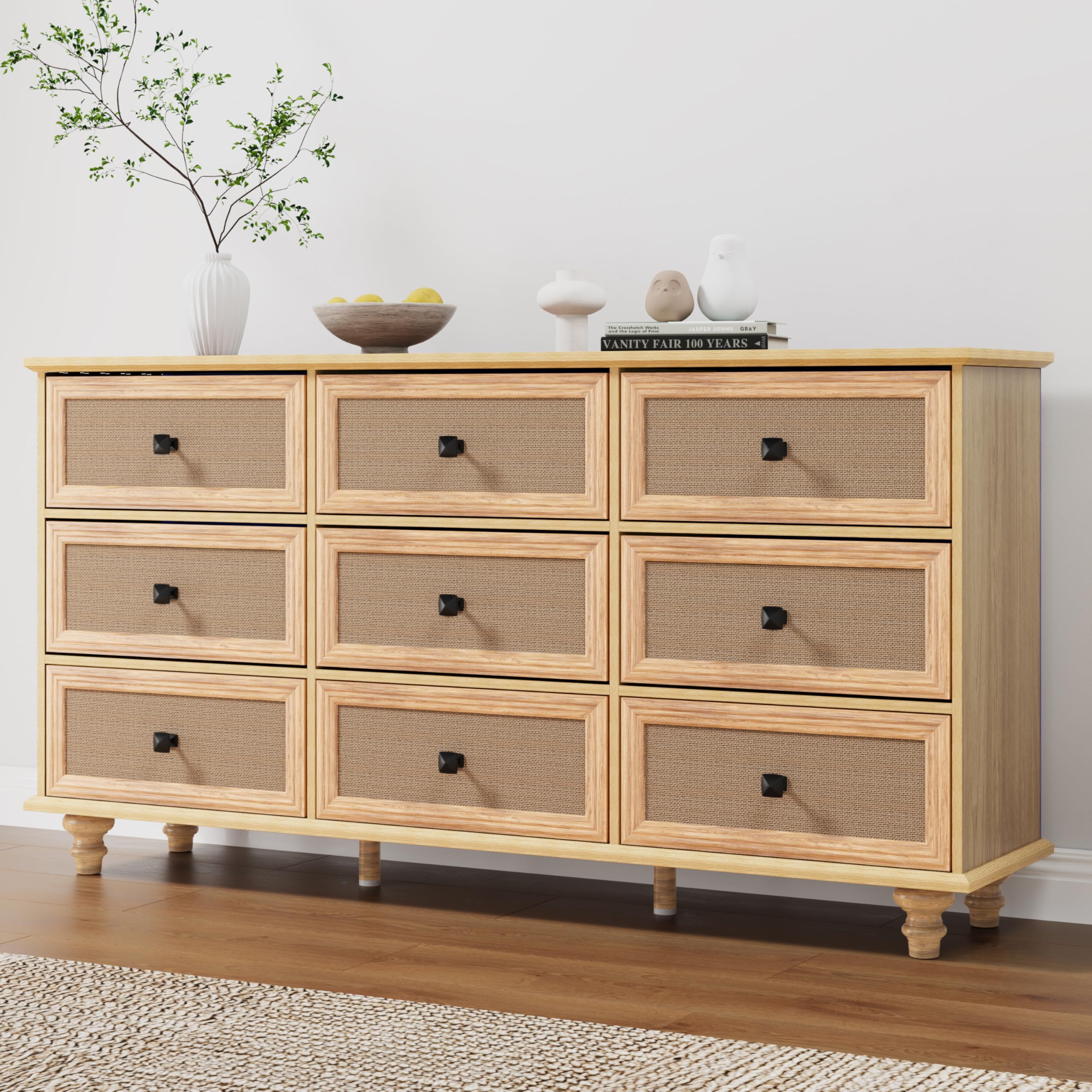 ORRD 9 Drawer Dresser for Bedroom, Mid Century Modern Wide Wood Rustic Chest of Drawers Wooden Storage Organizer Dressers with Burlap Rattan Drawers