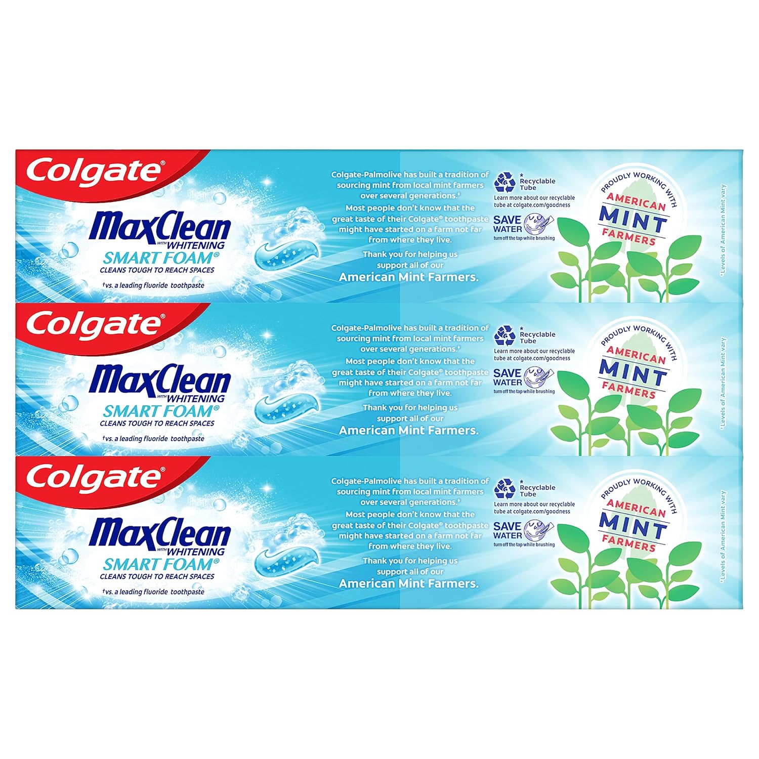 Colgate Max Fresh Max Clean Smart Foam Whitening Toothpaste, Effervescent Mint Toothpaste for Bad Breath, Helps Remove Bad Breath Germs and Whitens Teeth, 3 Pack, 6.0 Oz Tubes