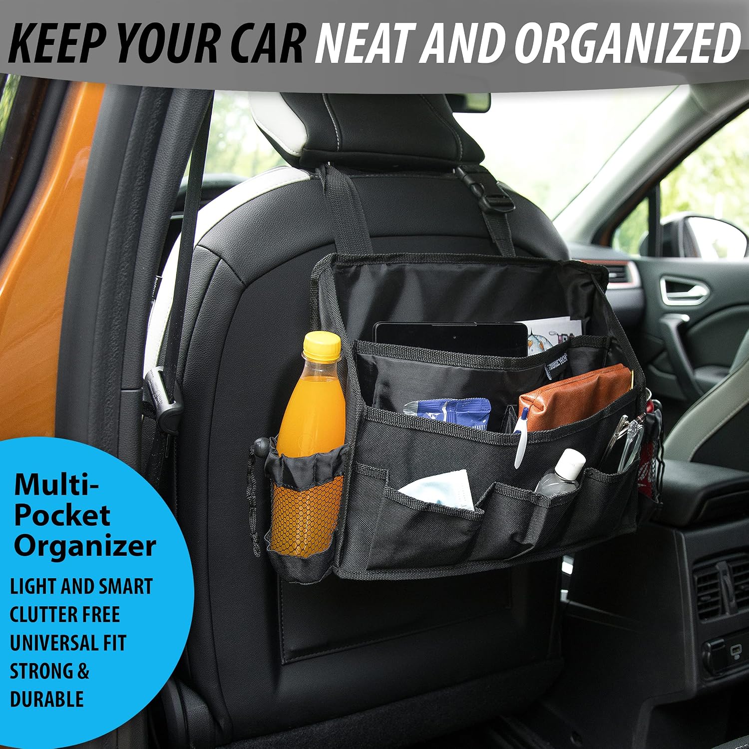 Zone Tech Multi-Pocket Organizer - Classic Black Durable Rugged Pack Cloth Premium Quality compact Car Seat Driver Headrest Organizer