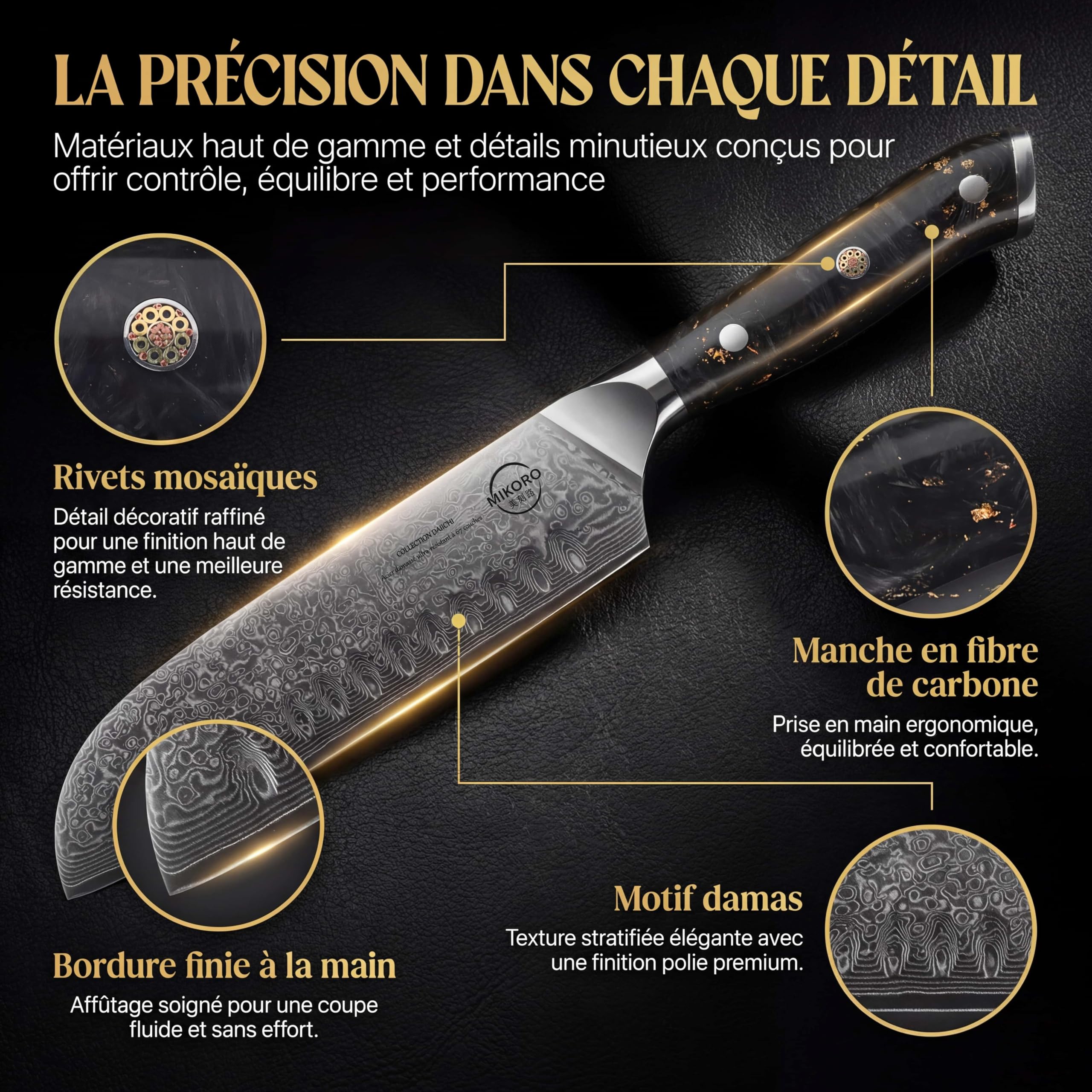 MIKORO Couteau de Cuisine Santoku Japonais 18cm - Acier Damas 67 Couches - Professionnel Ultra Tranchant - Manche Carbone - Coffret Cadeau Premium