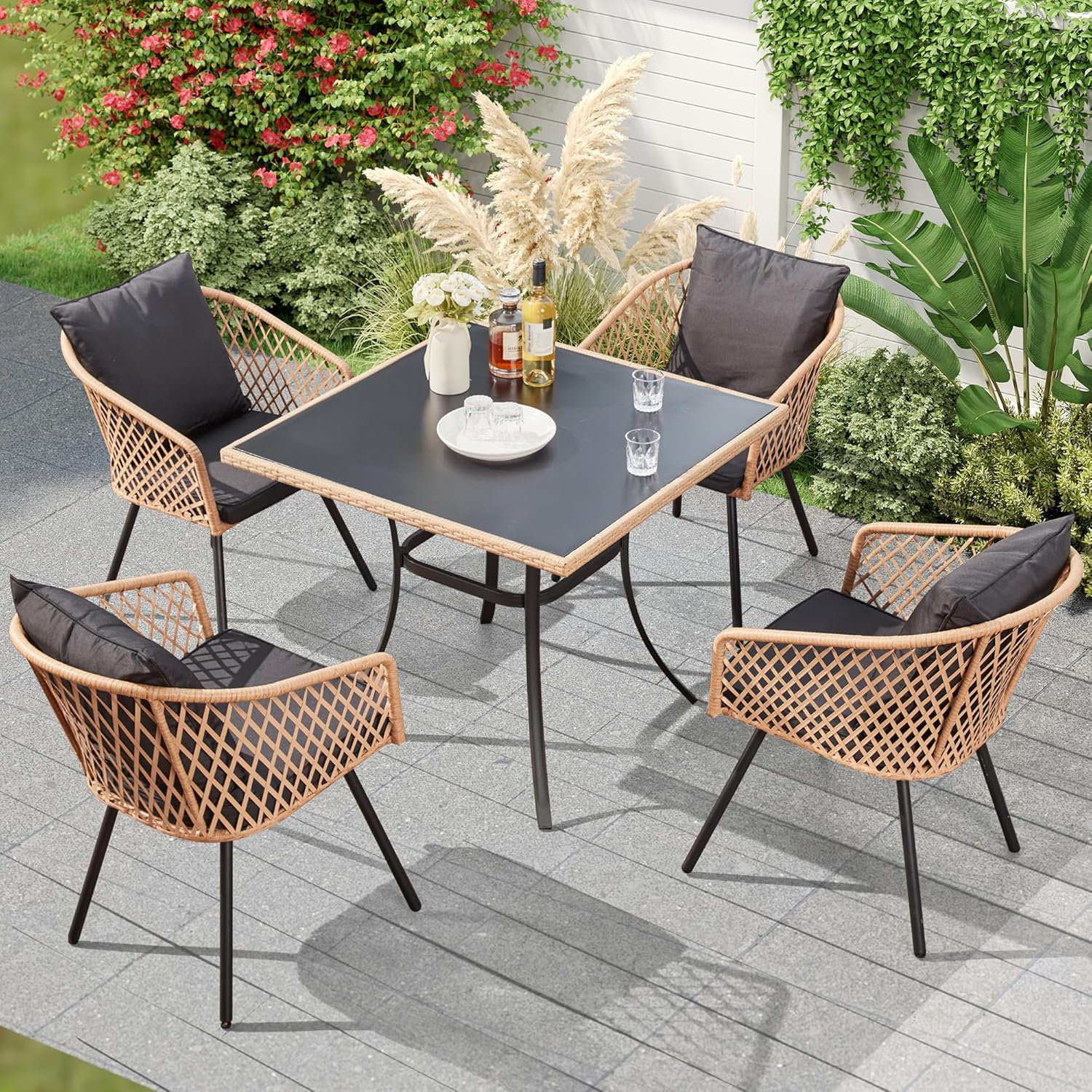 ECOTOUGE 5 Piece Patio Dining Set, Wicker Outdoor Furniture Set w/Glass Square Table, 4 PCS Chairs w/Waterproof Cushions for Backyard Garden Deck, Yellow/Black