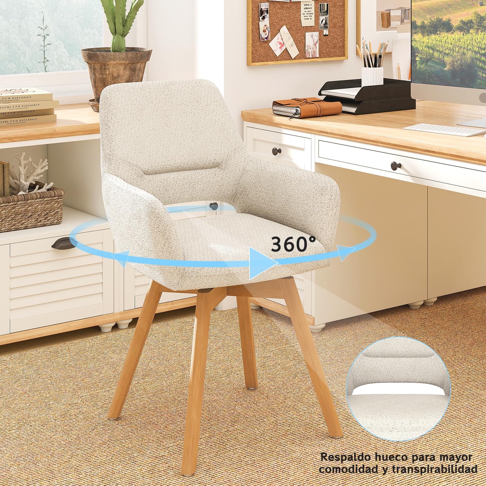 JIJIAN Juego de 2 Sillas de Comedor Giratorias 360° con Reposabrazos | Silla Acolchada con Patas de Haya, para Salón, Cocina, Dormitorio y Estudio, Beige