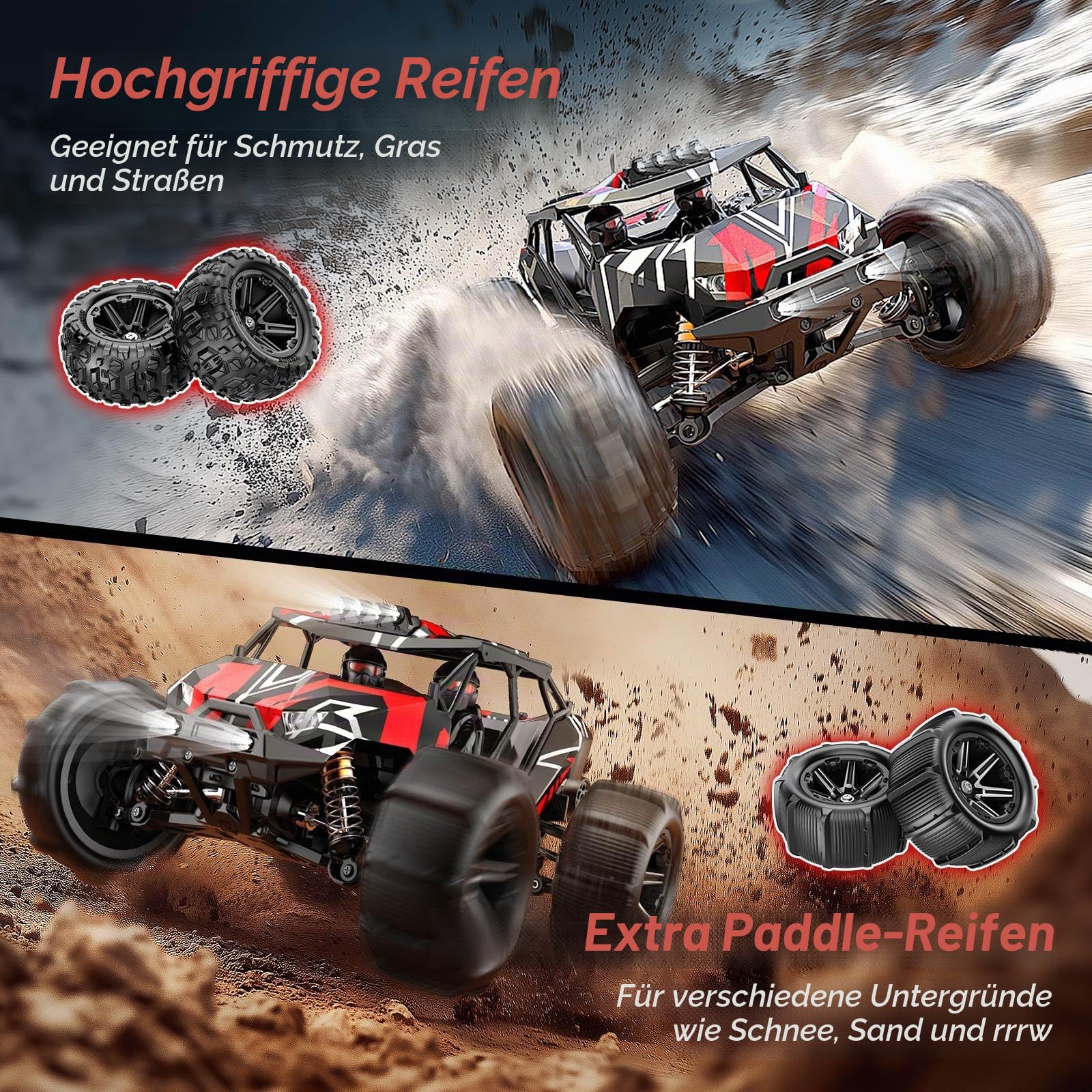 Ferngesteuertes Auto Erwachsene 1:14 Brushless RC Auto RC Car Truck 52 km/h | 4WD All-Terrain Offroad ölgefüllten Stoßdämpfern 2x 2S 1500mAh LiPo Akku, RTR mit 2 Reifensätzen, Aufrüstbar auf 3S 70 km/h