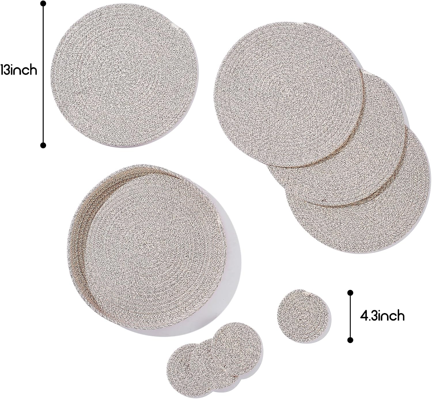 Woven Cotton Rope Round Placemats Set of 9 Pcs with Holder Included, Handmade Boho Woven 13" Placemats&4.3" Coasters,Non-Slip and Heat Resistant for Your Perfect Table Decor(Brown&White)
