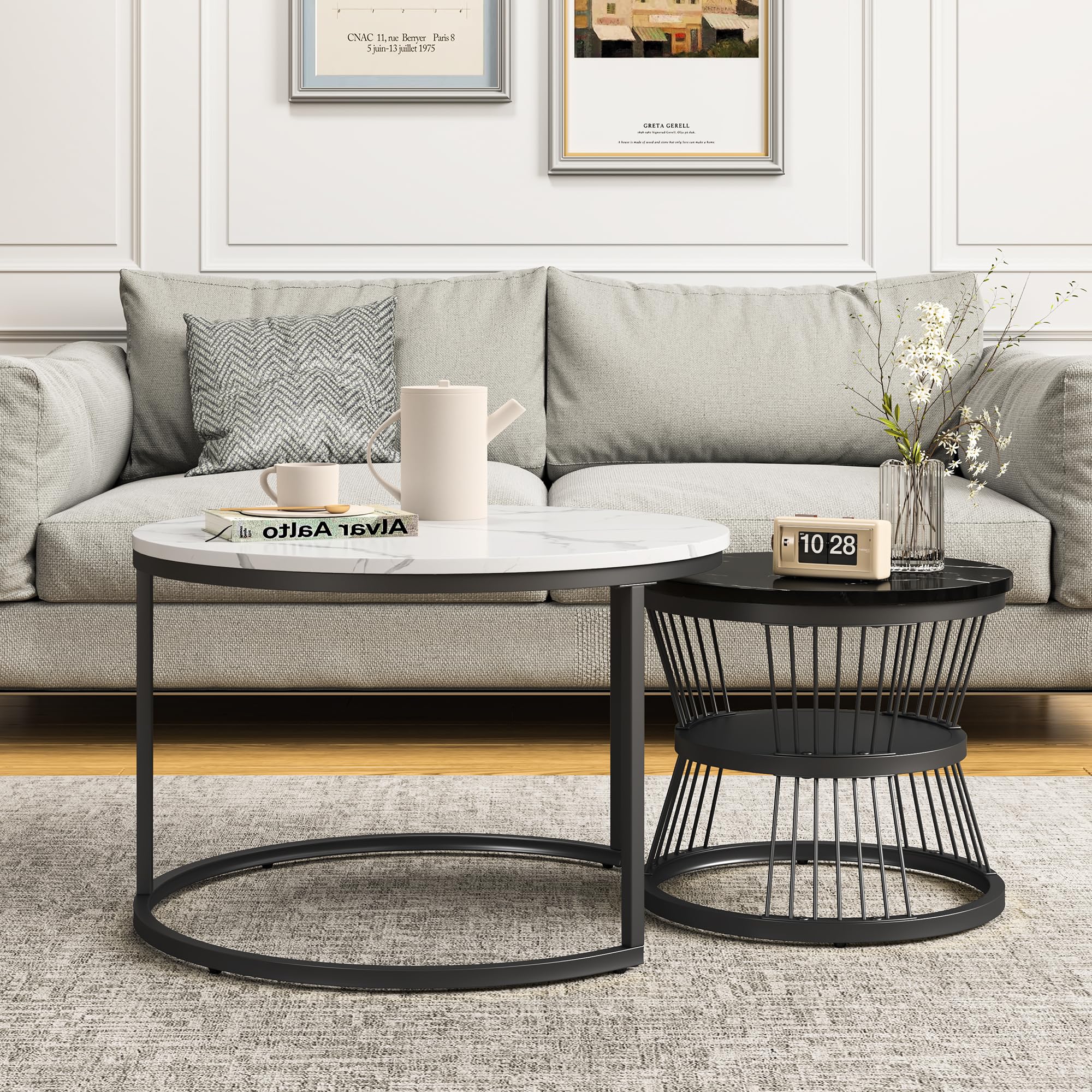 Set di 2 Tavolini da Caffè, Tavolino da Caffè in Marmo con Struttura in Metallo, Tavolino Rotondo,Tavolini Impilabili per Il Soggiorno, La Camera da Letto, Il Balcone (Bianco + nero, 70+45 cm)