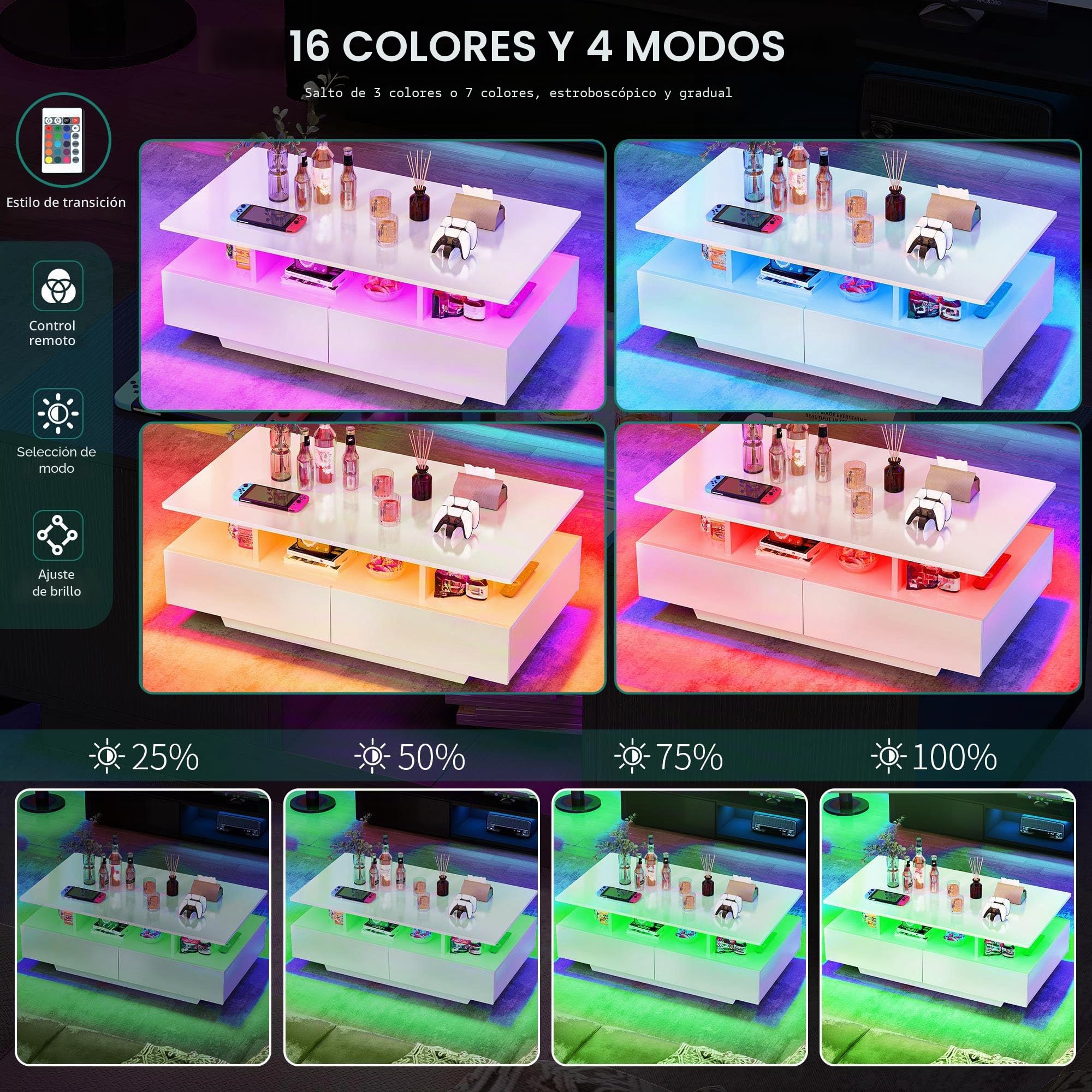 YITAHOME Mesa de Centro con 16 Colores LED para Sala, Mesa Cafe Madera con Estante Abierto y 4 cajones, Mesa de Centro Blanca Moderna