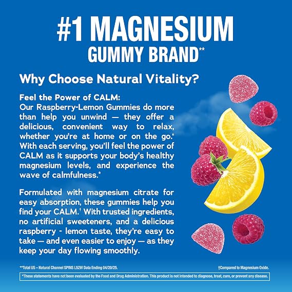 Natural Vitality Calm Magnesium Gummies | 330mg Per Serving | Raspberry Lemon Flavored Supplement | Gluten-Free & Vegan | 240 Count