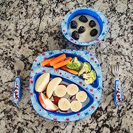 The First Years Spidey and His Amazing Friends Toddler Dinnerware Set - Toddler Plates and Toddler Utensils - Dishwasher Safe Toddler Feeding Supplies and Kids Utensils - 4 Count