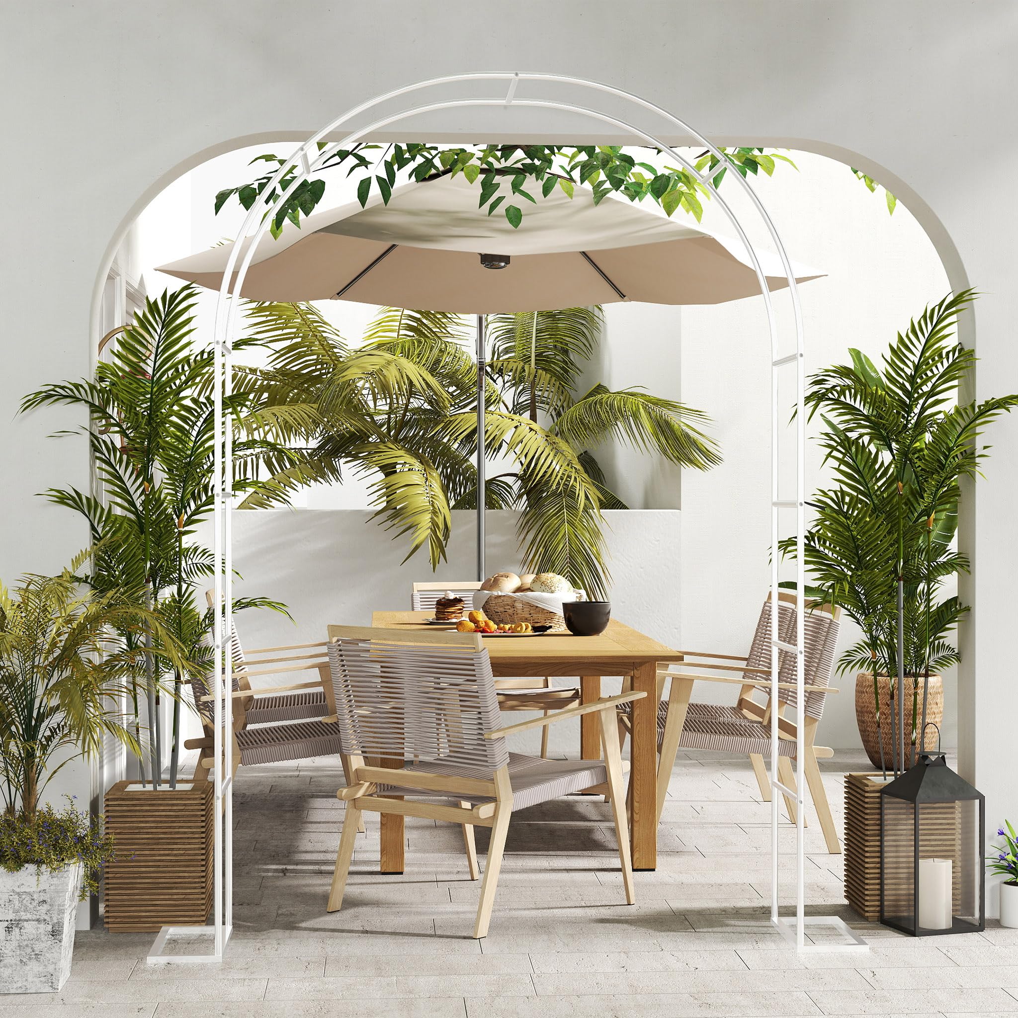XMTECH Arche de jardin en métal - 192 x 38 x 240 cm - Arche stable avec plaques de sol - Tuteur pour plantes grimpantes - Pour jardin, mariage et célébrations - Résistant aux intempéries - Blanc