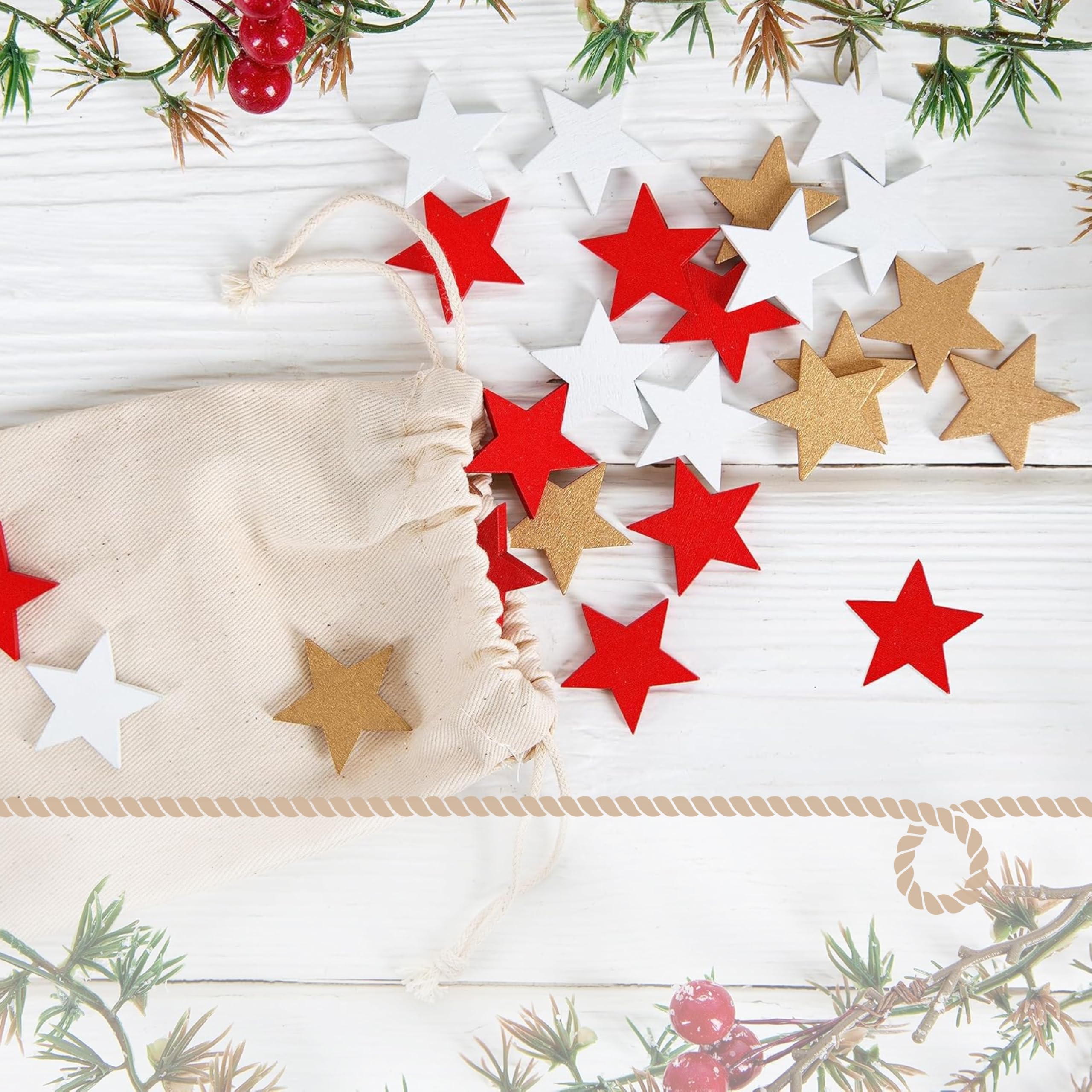 Logbuch-Verlag 24 Stelle Decorative In Legno Per Natale - Rossi, Bianche, Dorate - Idee Creative Per Decorazioni Tavola E Fai-da-Te (2,5 Cm)