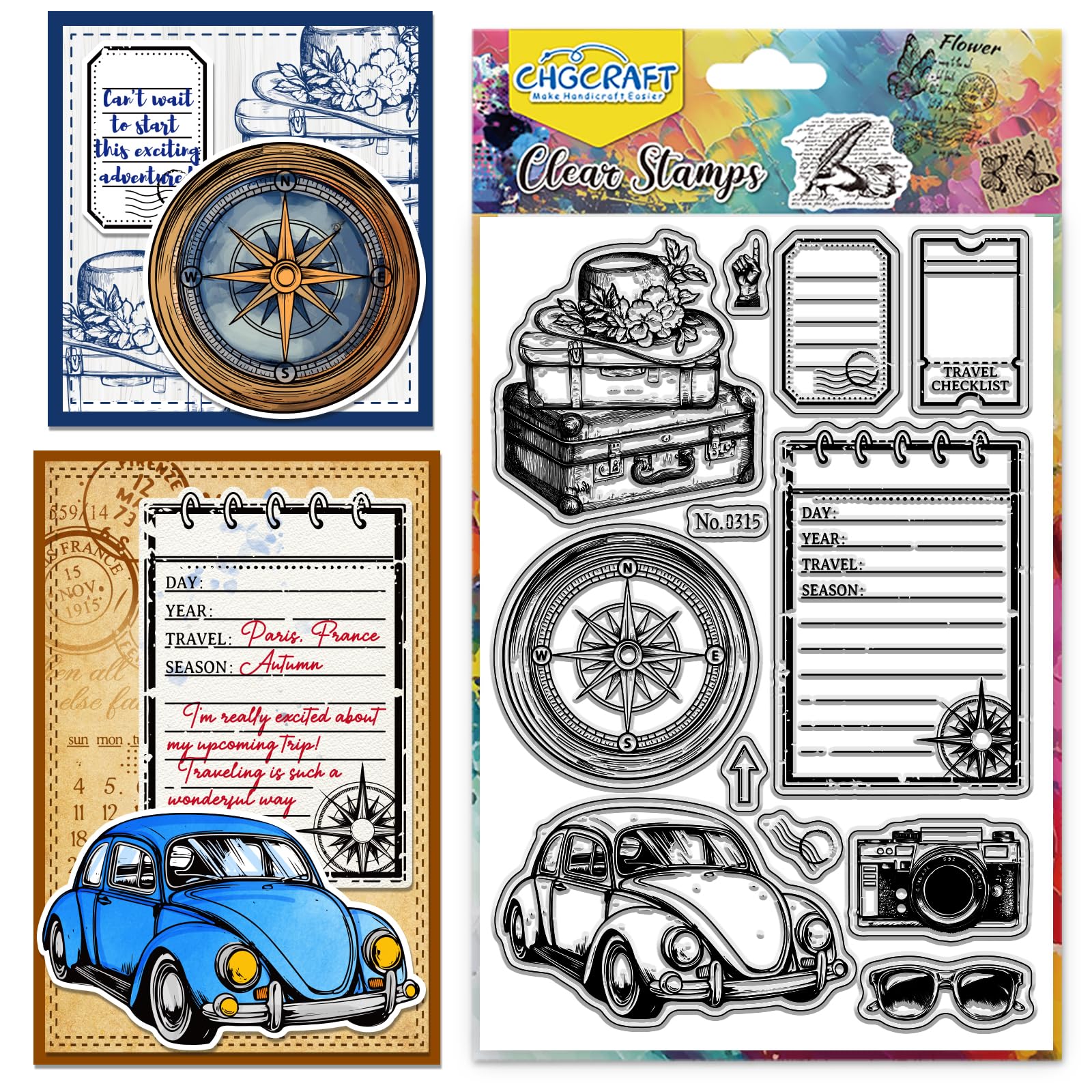 CHGCRAFT Travel Clear Stamps Vintage Car Transparent Stamps Silicone Sunglass Clear Stamp Seals for Carding Making DIY Scrapbooking Photo Album Decoration, 4.3x6.3 inch