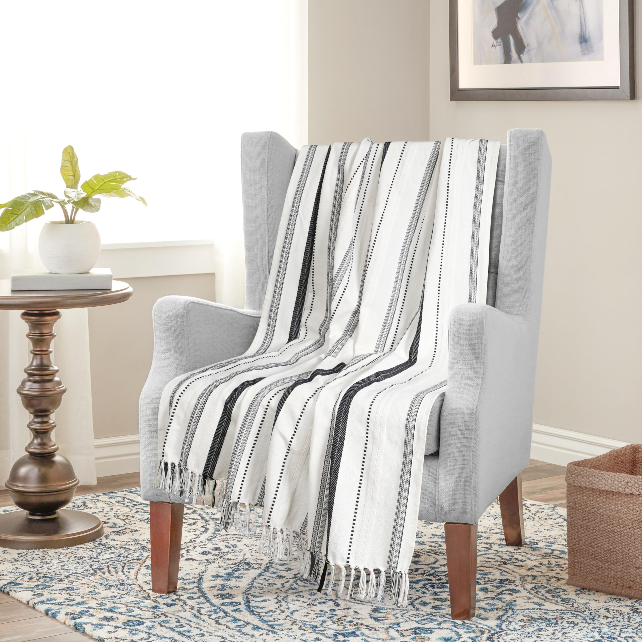 Furnofy 100% Cotton Sofa Throw | Handmade Throw - 50x60 Inches (Pack of 1) (White Striped) (B0D9BQCWDZ) Amazon Price History, Amazon Price Tracker