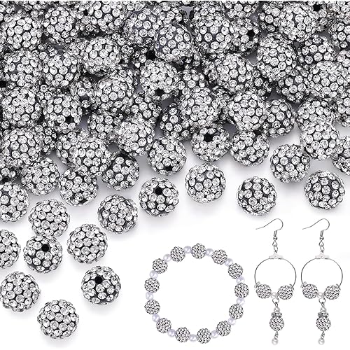 200pcs 10mm Black White Rhinestone Beads for Jewelry Making, Shiny Round Shamballa Disco Ball Beads, Sparkle Crystal Clay Christmas for Bracelet Baseball Necklace Earring Crafting and DIY