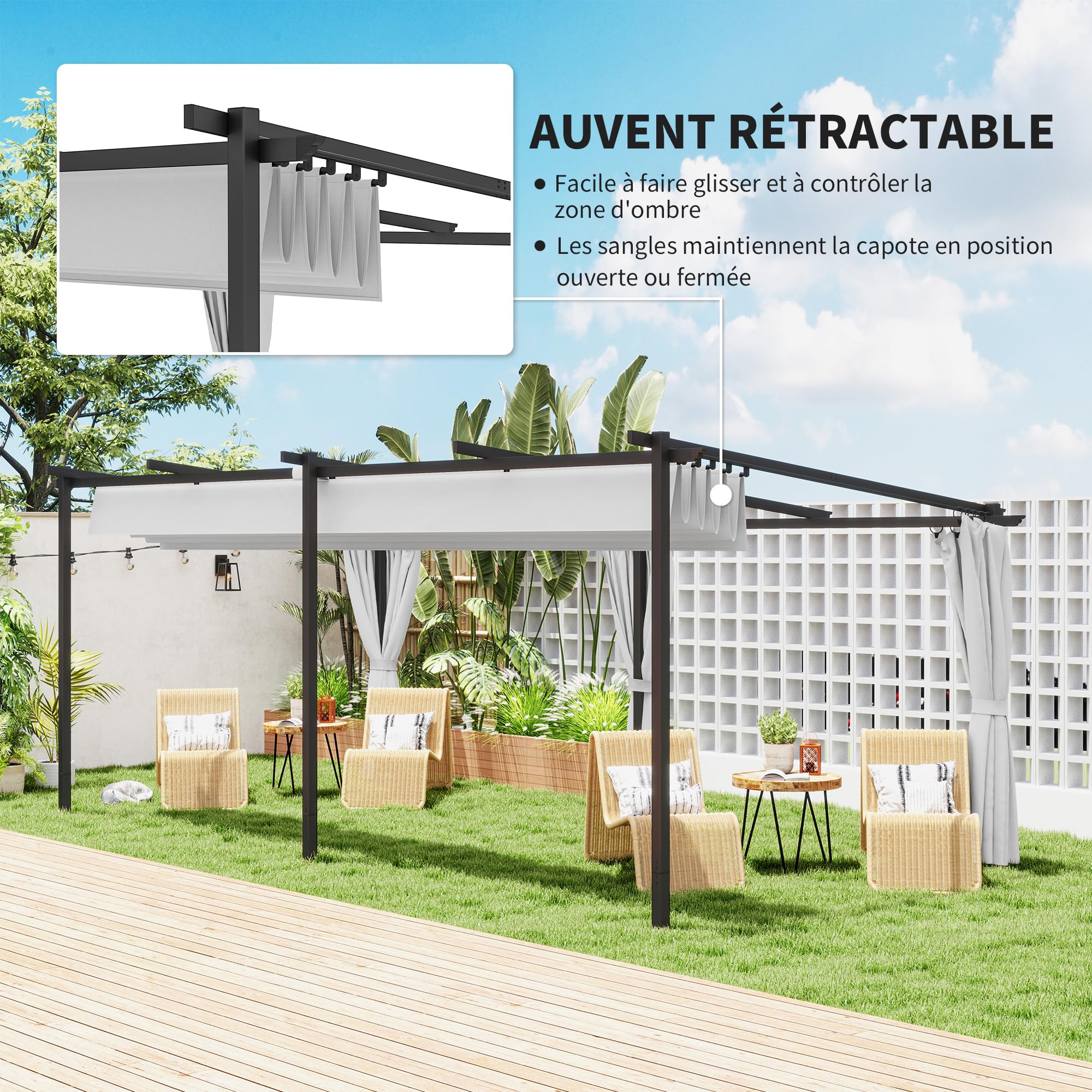 Outsunny Pergola rétractable 3 x 6 m avec Rideaux latéraux, tonnelle de Jardin en métal avec Protection Solaire UPF30+, abri pour terrasse, Patio, Gris Clair