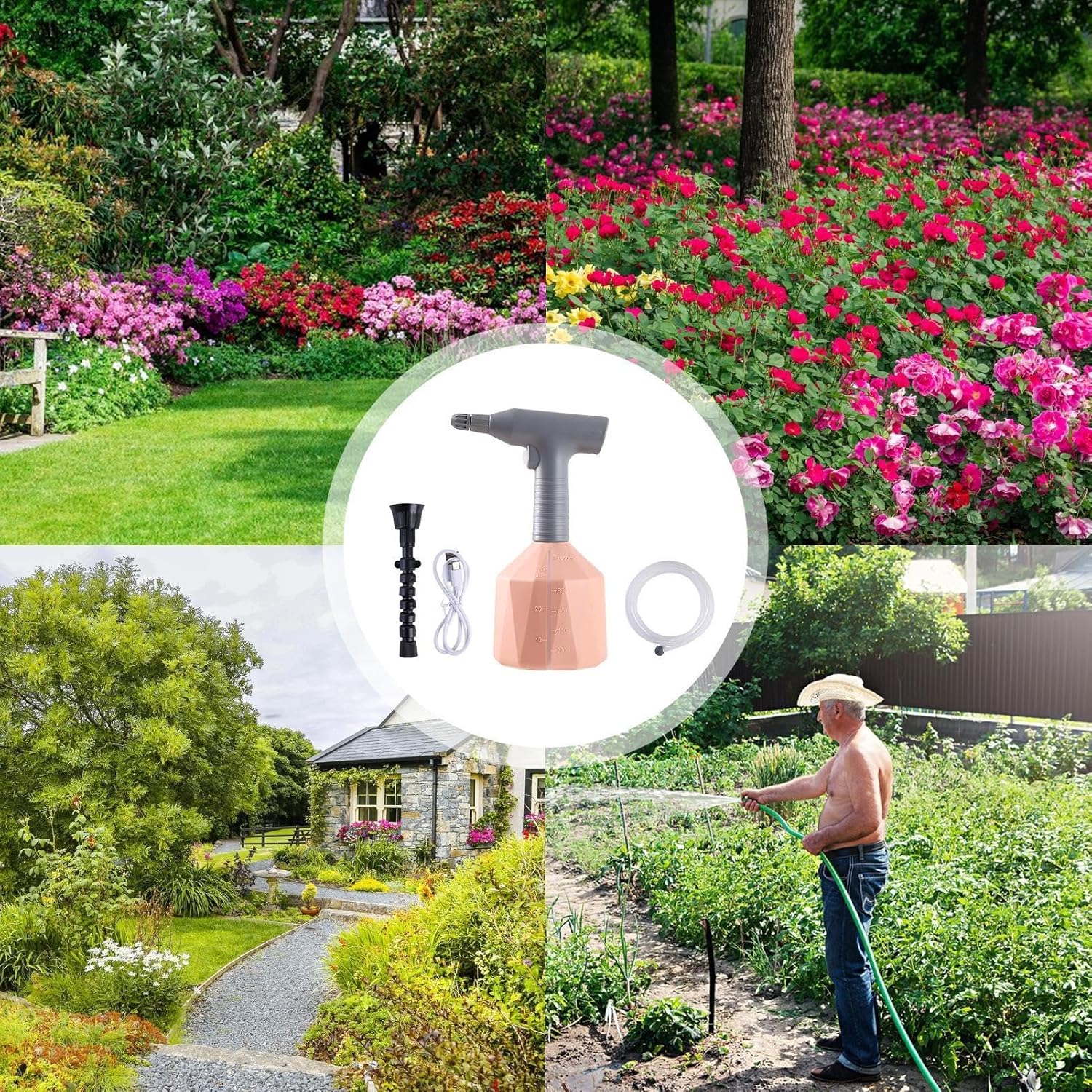 Electric Spray Bottle, 1L Automatic Plant Mister with 8.2ft Water Pipe, Handheld Rechargeable Battery Powered Sprayer, Lawn & Garden Fertilizer Sprayer, Plant Mister, Watering Can