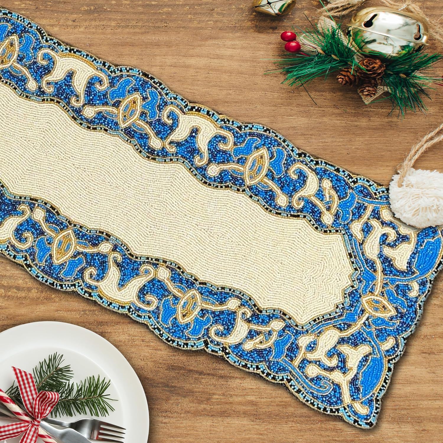 Decozen Beaded Table Runner - Embroidered Kitchen Runners for Dining Coffee Table Scratch Heat Stain Resistant Charger Kitchen Decor Durable - 54 x 13 Inches, White Blue