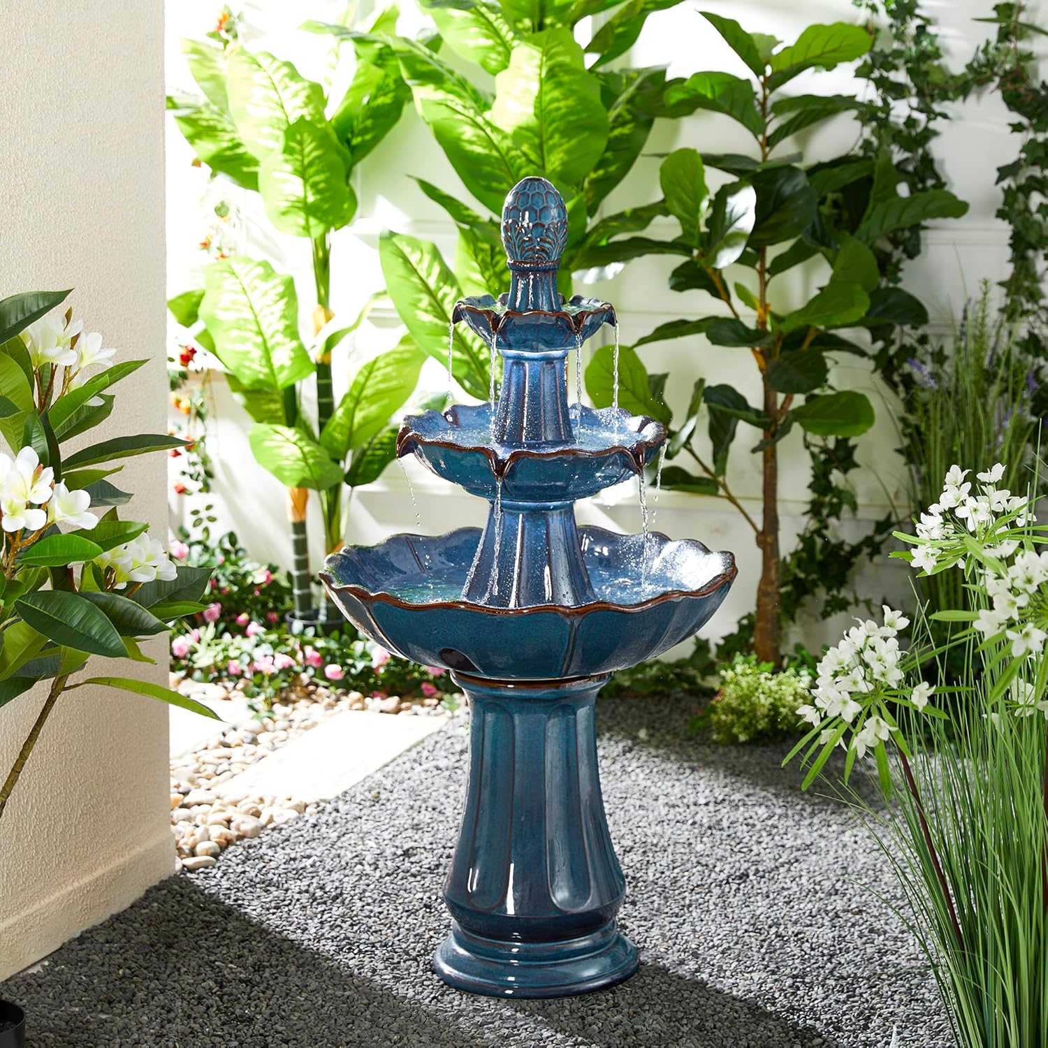 Glitzhome Outdoor 3 Tier Pedestal Fountain with LED Light & Pump - 45.25" H, Ceramic Turquoise Water Fountains Waterfall Large Floor-Standing Garden Fountain for Patio, Lawn, Backyard