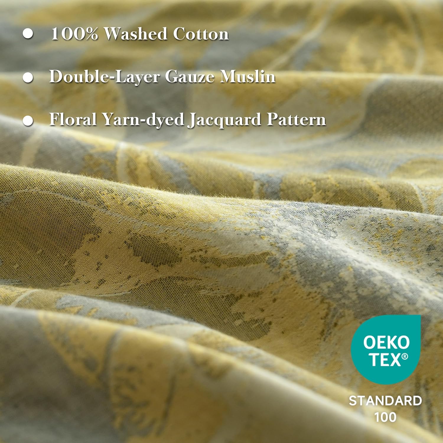 Simple&Opulence Muslin Duvet Cover Set Queen Size, 100% Washed Cotton 3 Pieces Yarn-Dyed Vintage Yellow Floral Jacquard Textured Bedding, Soft & Breathable Gauze Comforter Cover with Zipper Closure